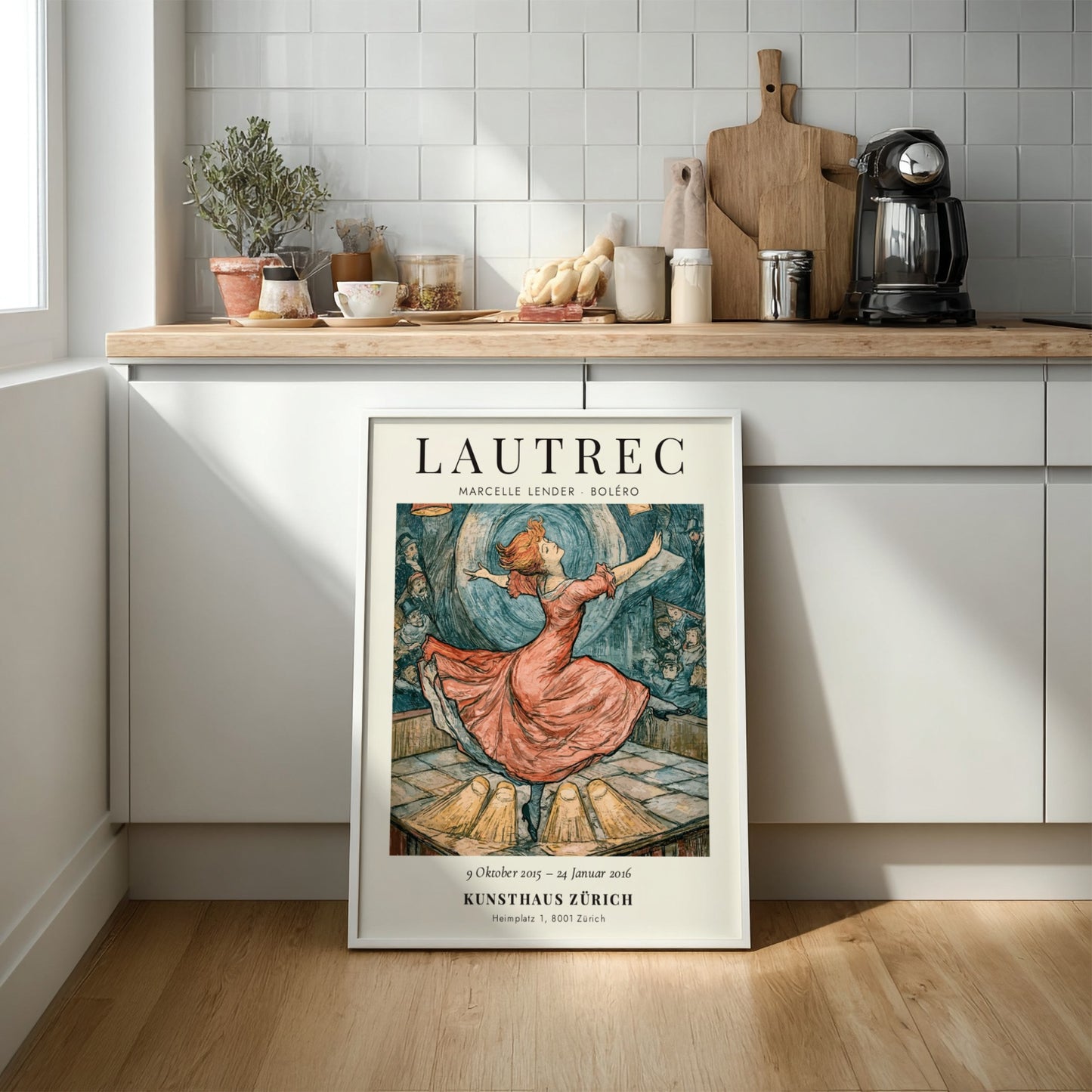 Toulouse-Lautrec poster featuring Marcelle Lender in a red dress, vibrant colors and dynamic dance pose