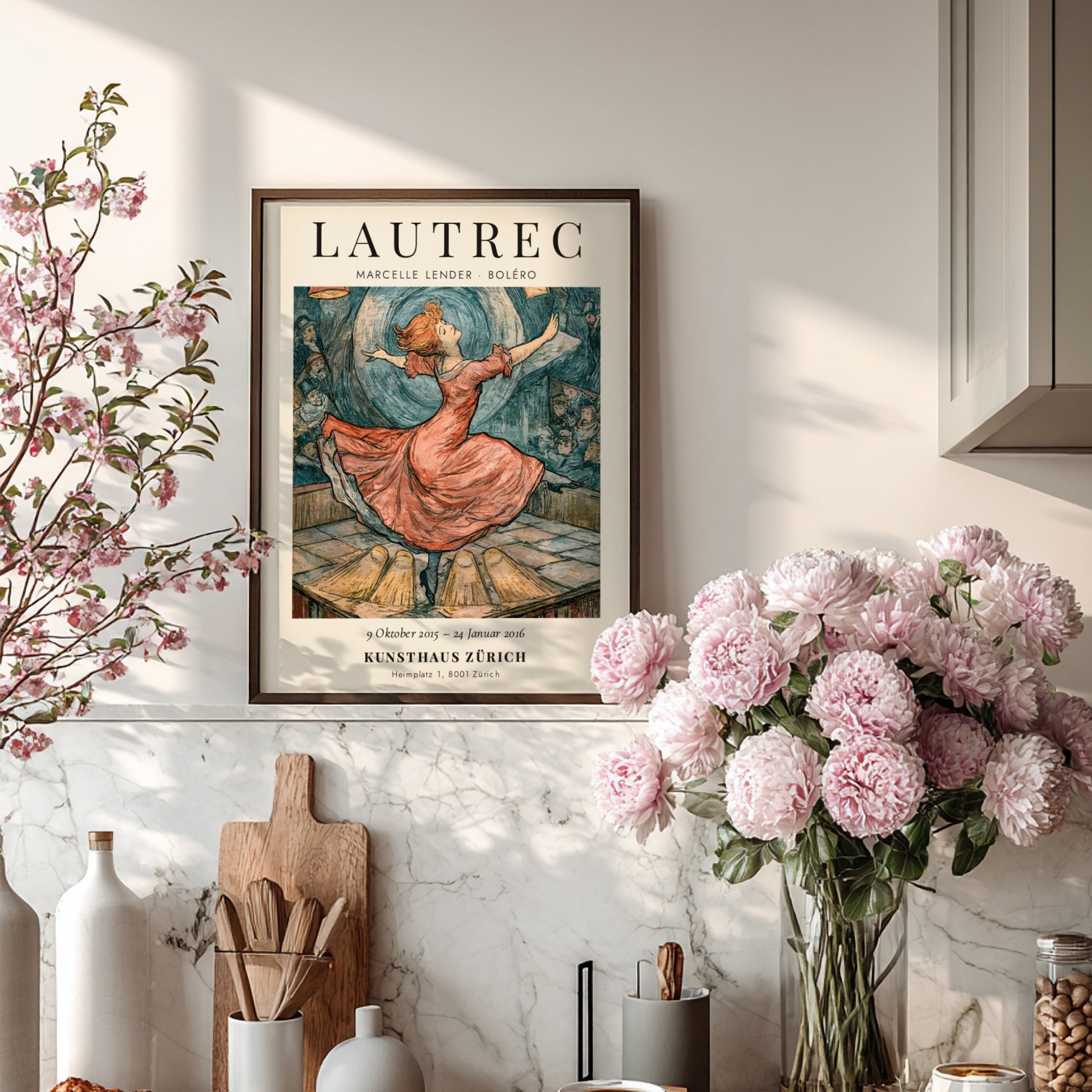 Toulouse-Lautrec poster featuring Marcelle Lender in a red dress, vibrant colors and dynamic dance pose