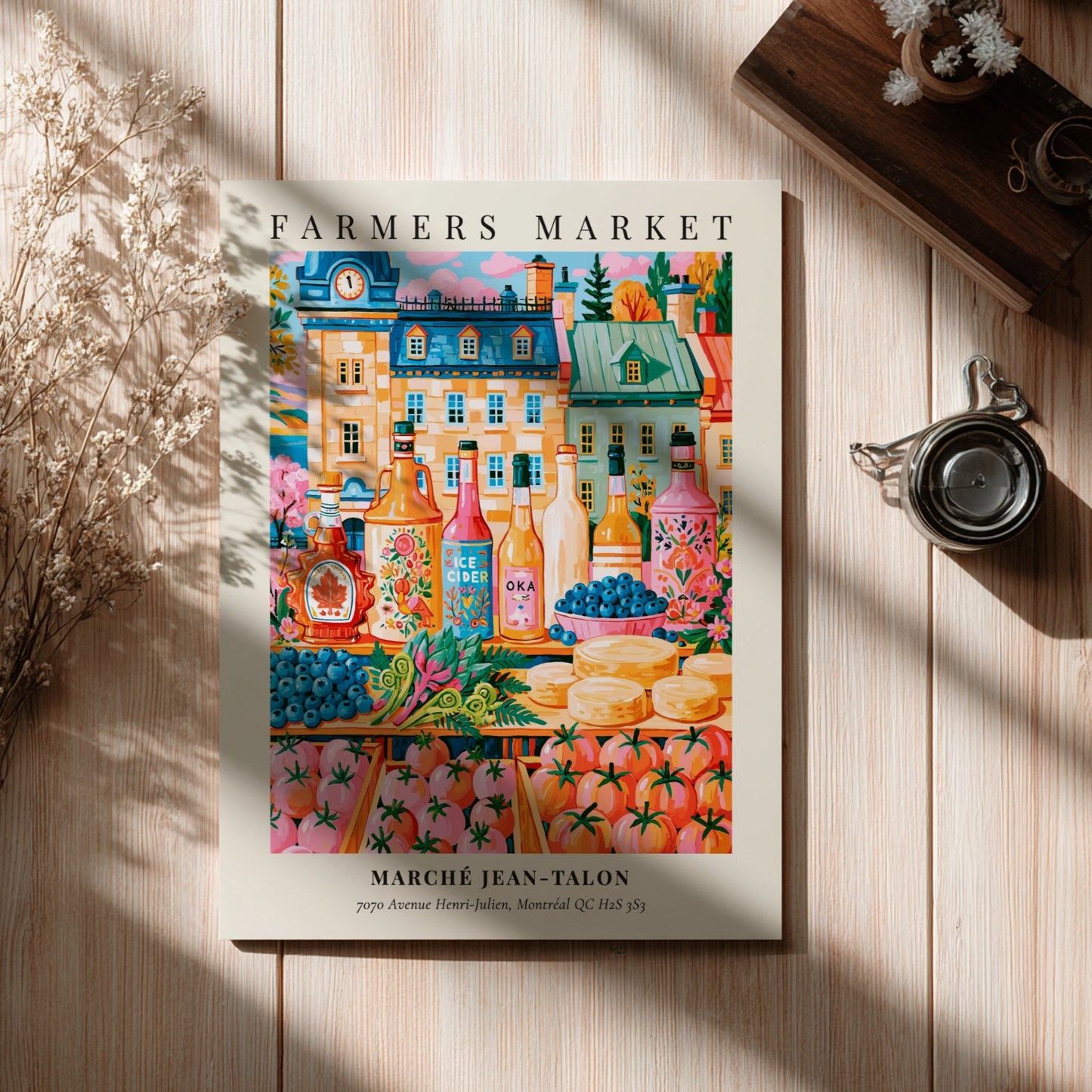 Marche Jean-Talon poster showcasing vibrant farmers market scene with colorful produce and local beverages