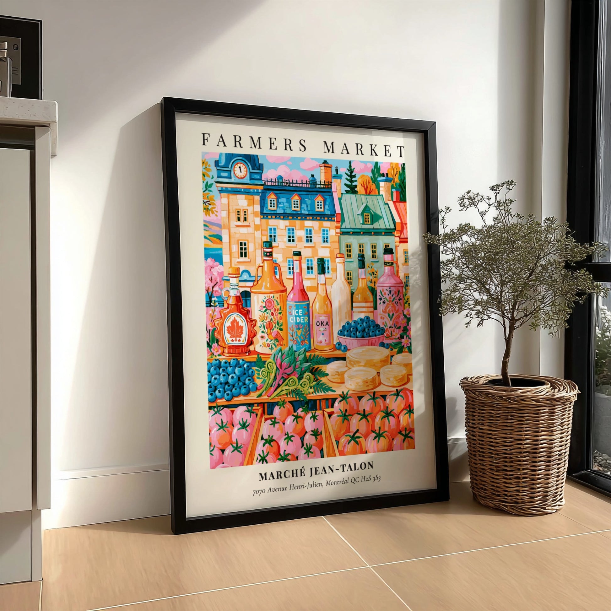 Marche Jean-Talon poster showcasing vibrant farmers market scene with colorful produce and local beverages