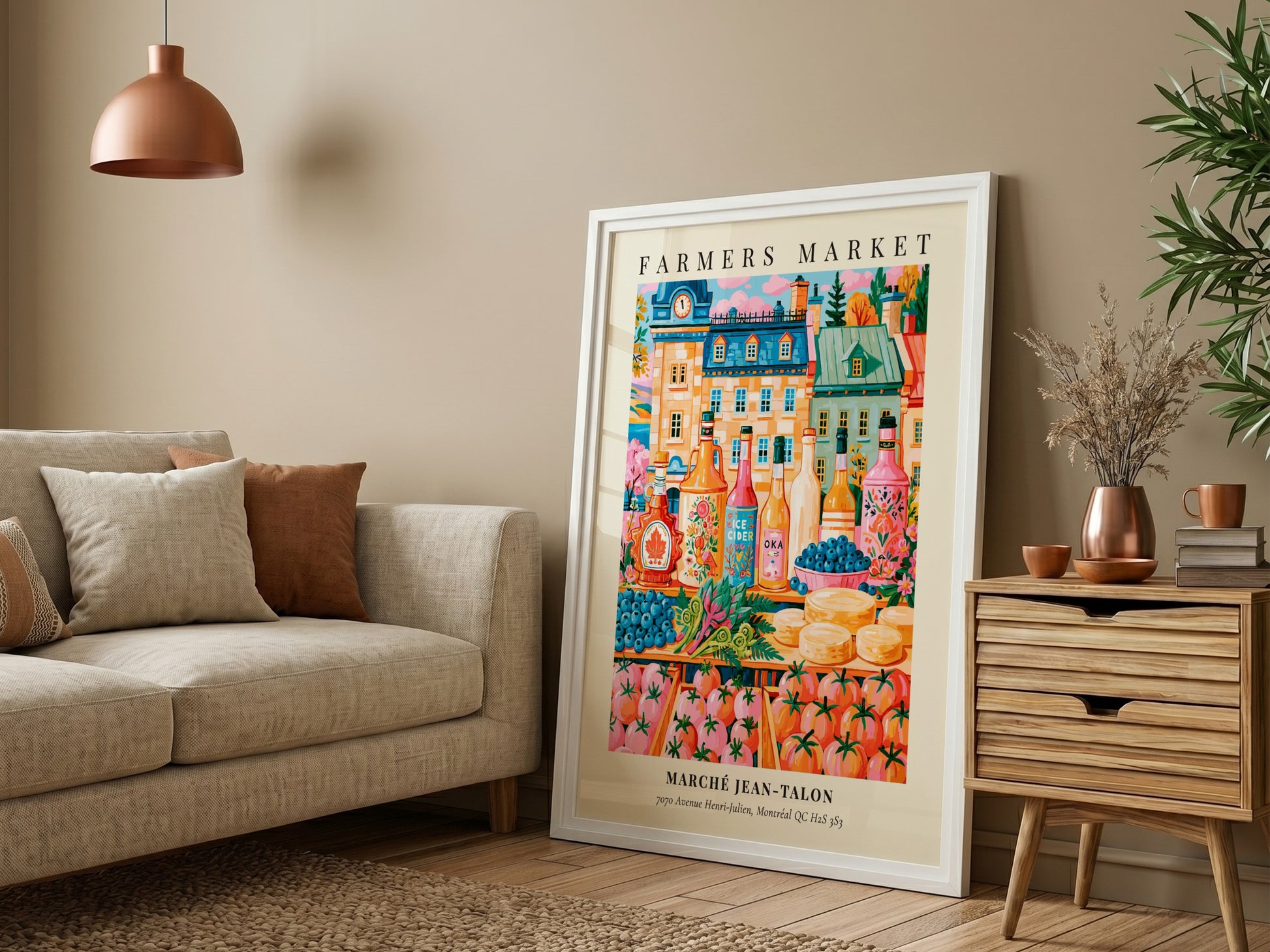 Marche Jean-Talon poster showcasing vibrant farmers market scene with colorful produce and local beverages