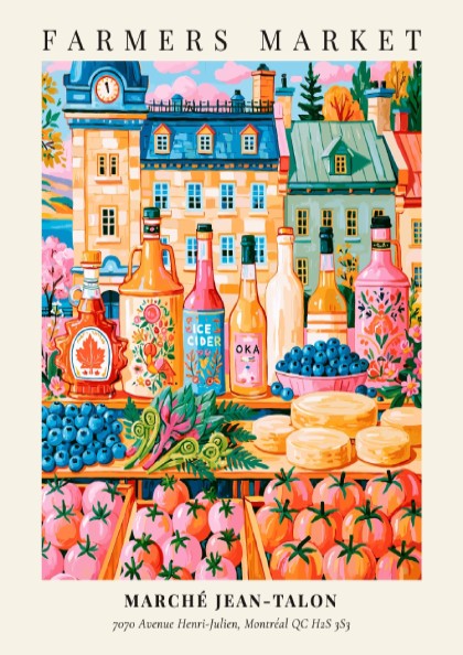 Marche Jean-Talon poster showcasing vibrant farmers market scene with colorful produce and local beverages