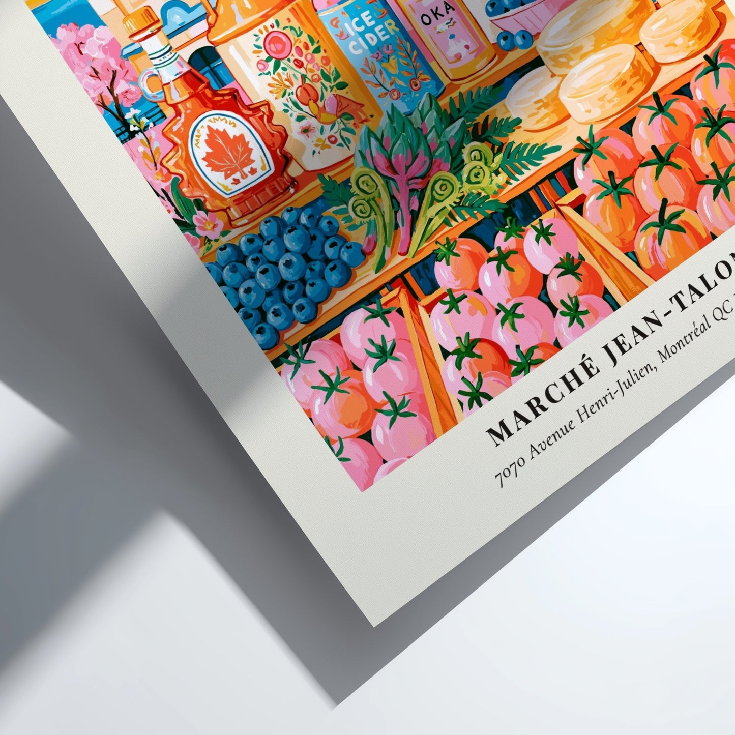 Marche Jean-Talon poster showcasing vibrant farmers market scene with colorful produce and local beverages