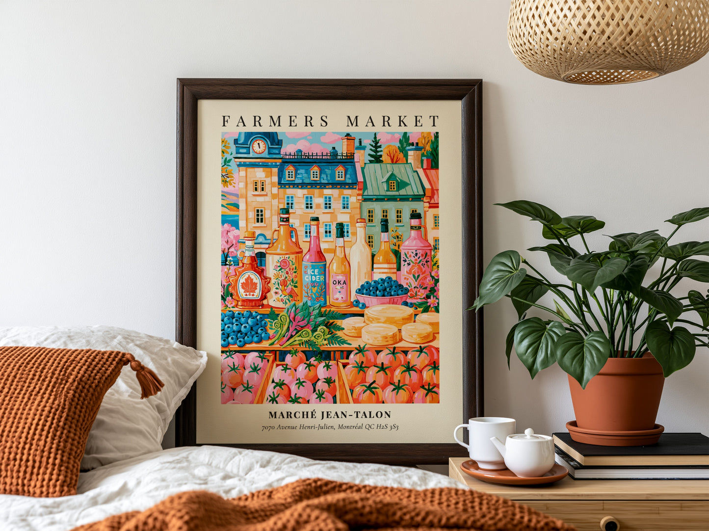 Marche Jean-Talon poster showcasing vibrant farmers market scene with colorful produce and local beverages