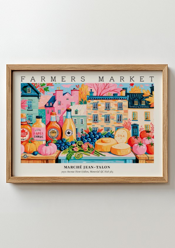 Farmers market poster showcasing colorful produce and buildings in a vibrant scene
