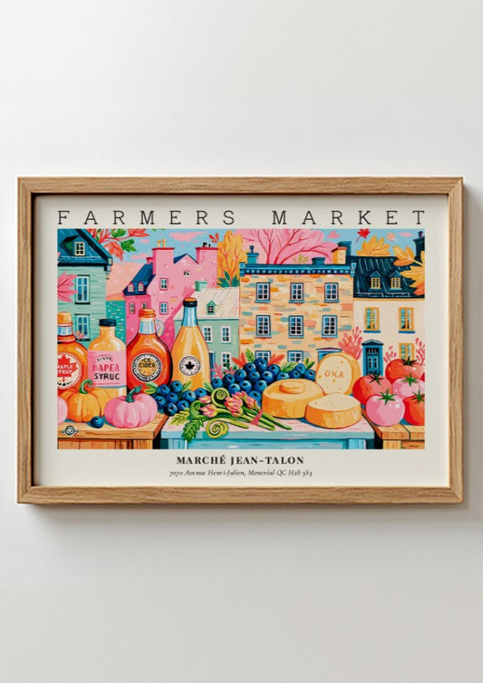 Farmers market poster showcasing colorful produce and buildings in a vibrant scene