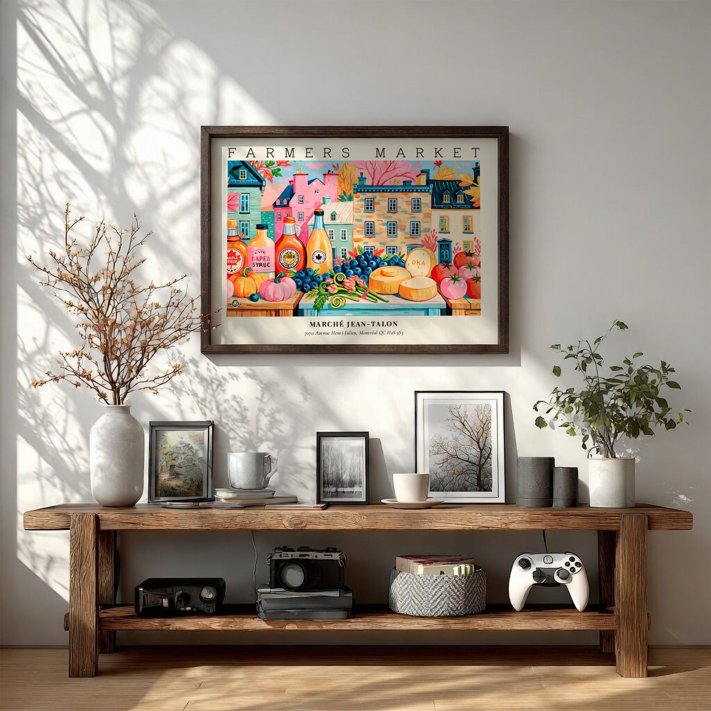 Farmers market poster showcasing colorful produce and buildings in a vibrant scene