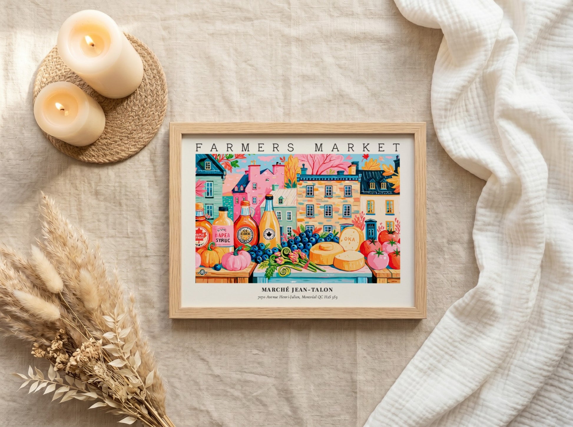 Farmers market poster showcasing colorful produce and buildings in a vibrant scene