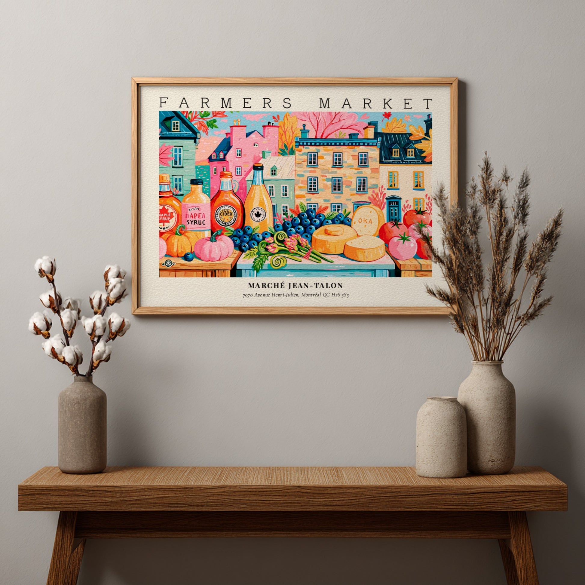 Farmers market poster showcasing colorful produce and buildings in a vibrant scene