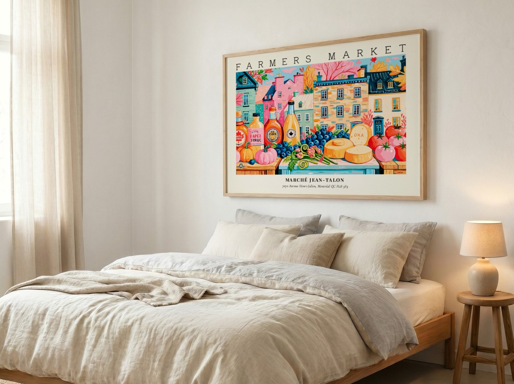 Farmers market poster showcasing colorful produce and buildings in a vibrant scene