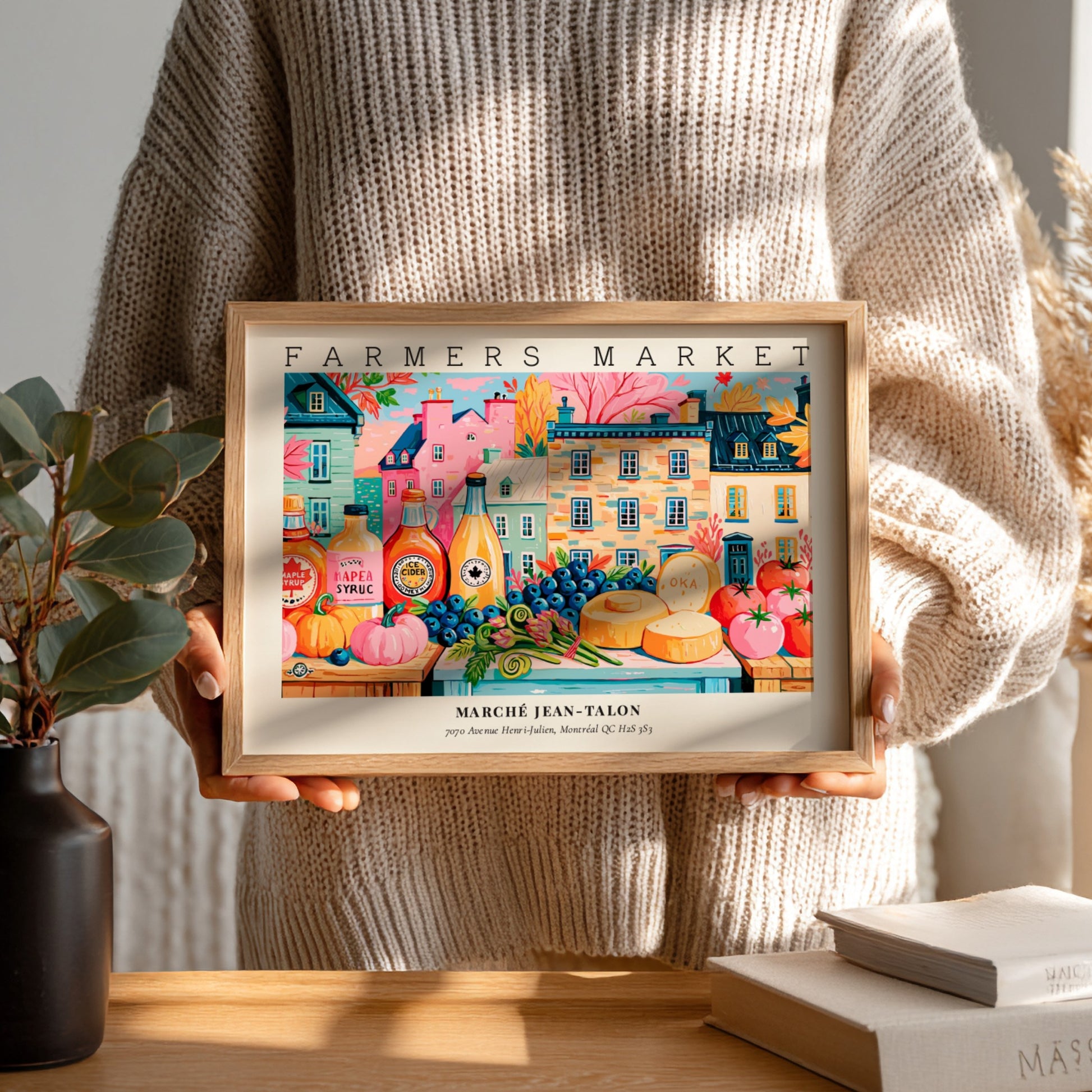 Farmers market poster showcasing colorful produce and buildings in a vibrant scene