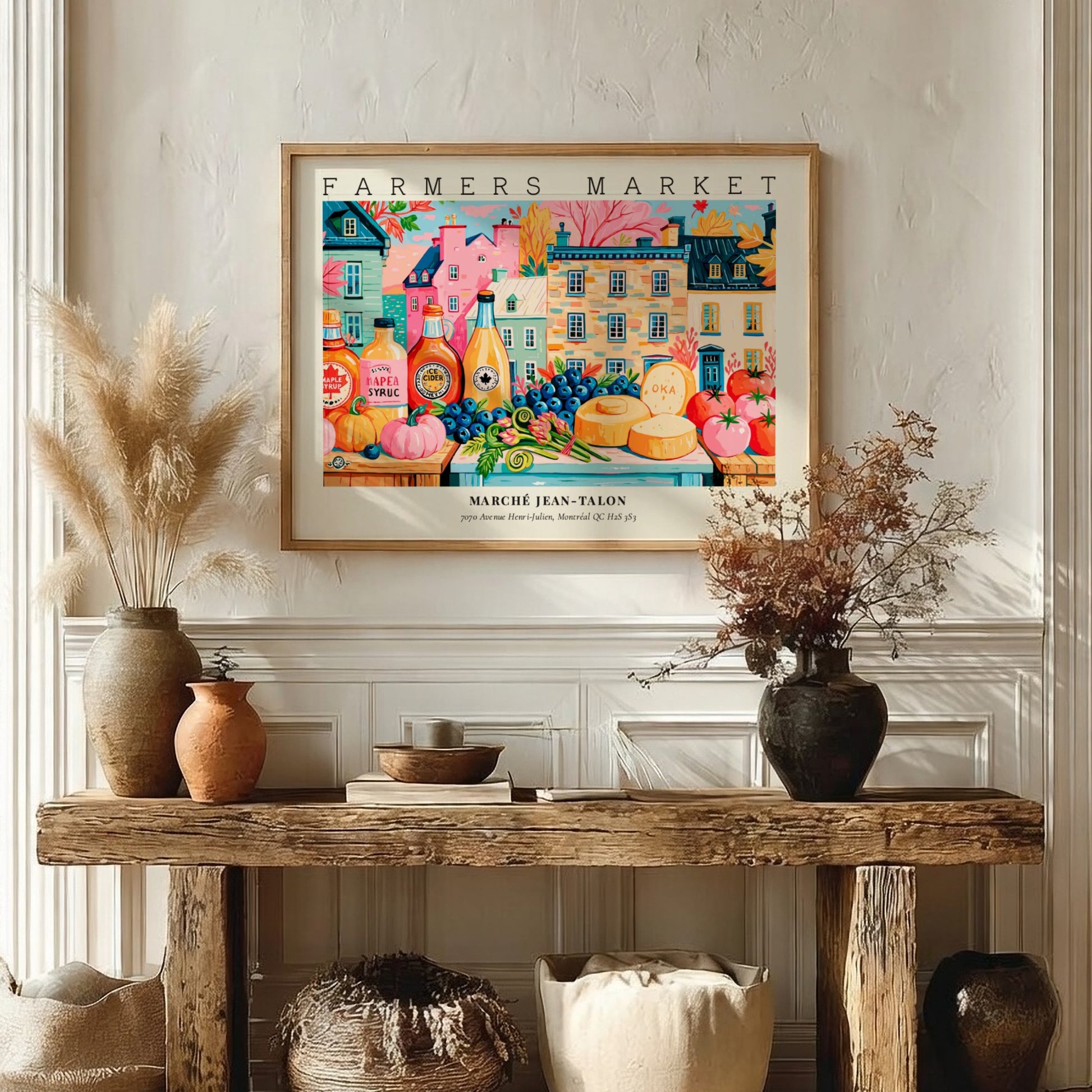 Farmers market poster showcasing colorful produce and buildings in a vibrant scene