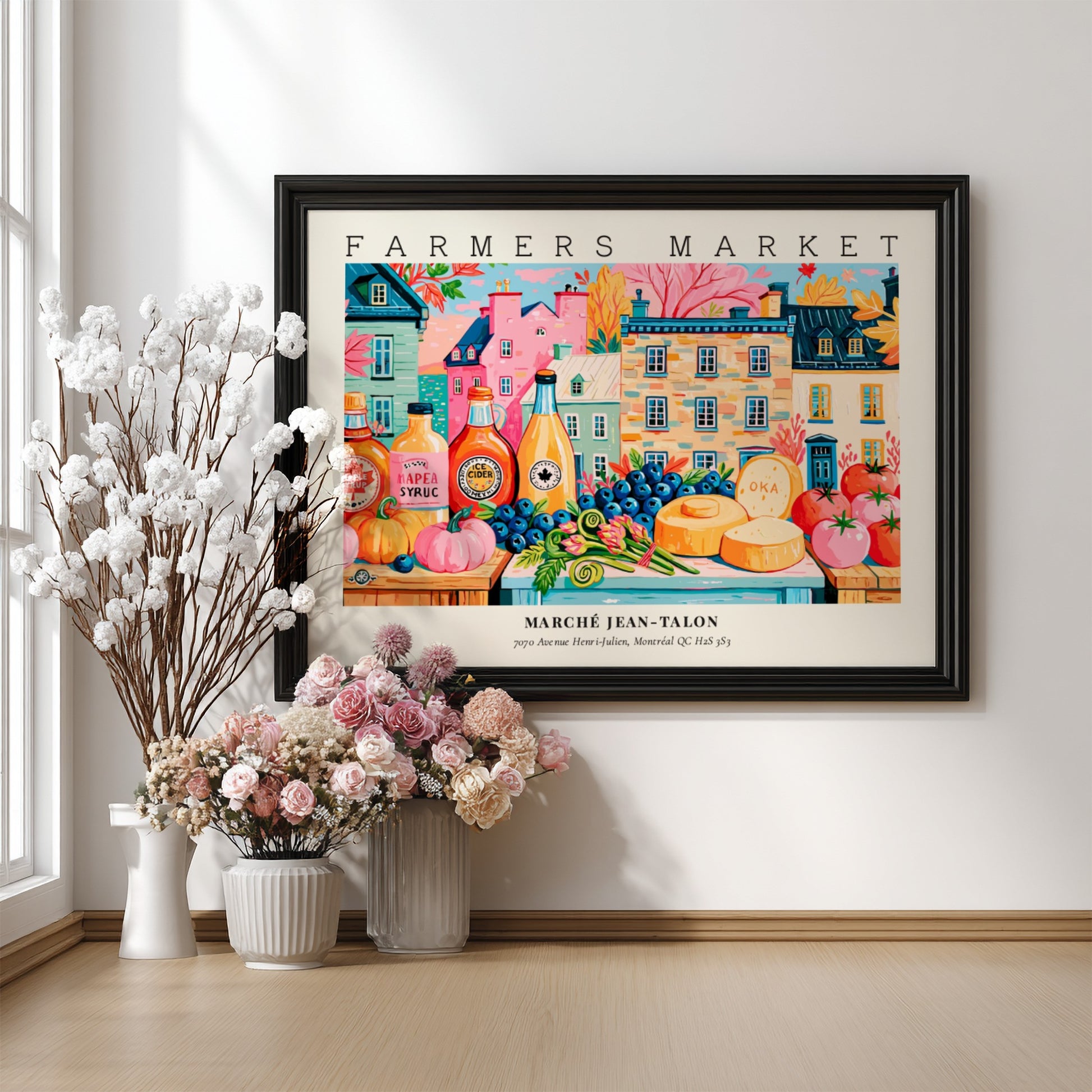 Farmers market poster showcasing colorful produce and buildings in a vibrant scene