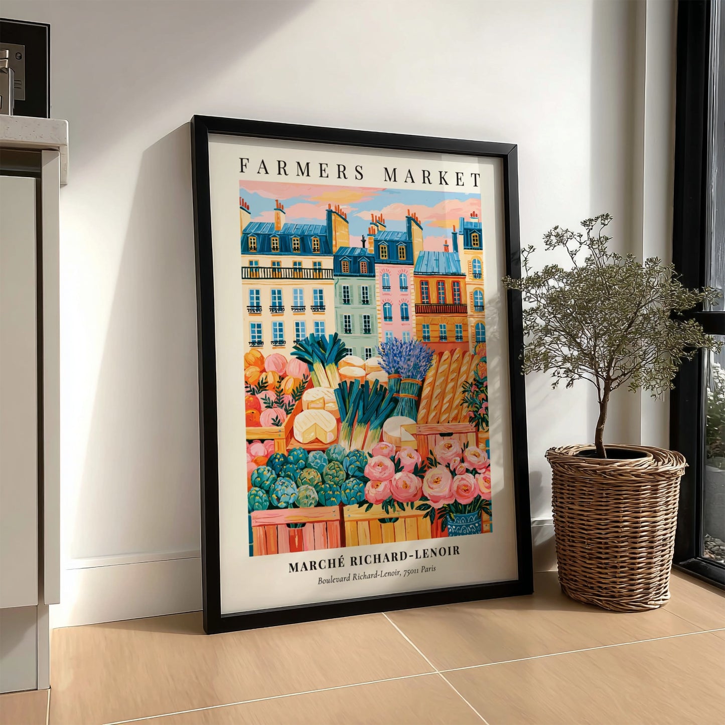 Farmers market poster featuring Marché Richard-Lenoir in Paris with colorful produce and flowers in a vibrant