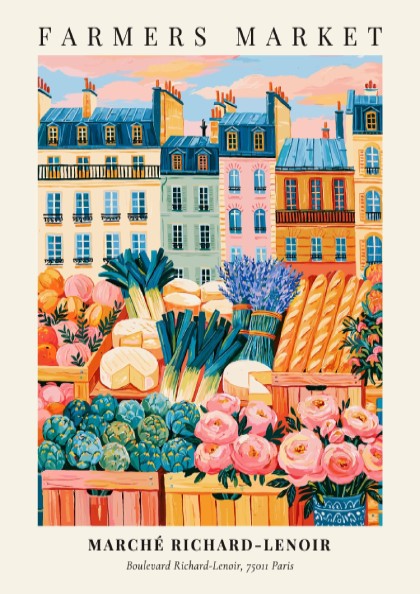 Farmers market poster featuring Marché Richard-Lenoir in Paris with colorful produce and flowers in a vibrant