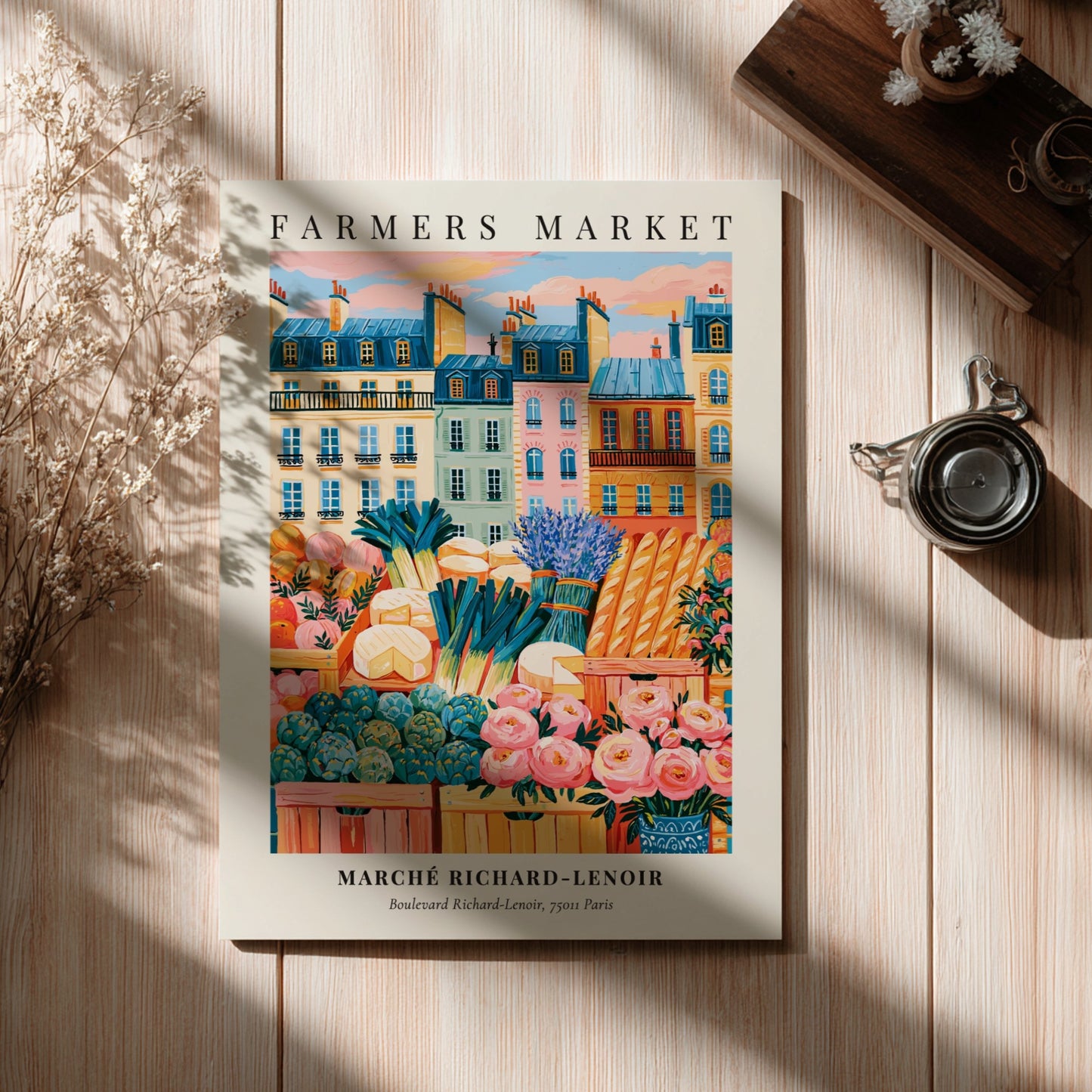 Farmers market poster featuring Marché Richard-Lenoir in Paris with colorful produce and flowers in a vibrant
