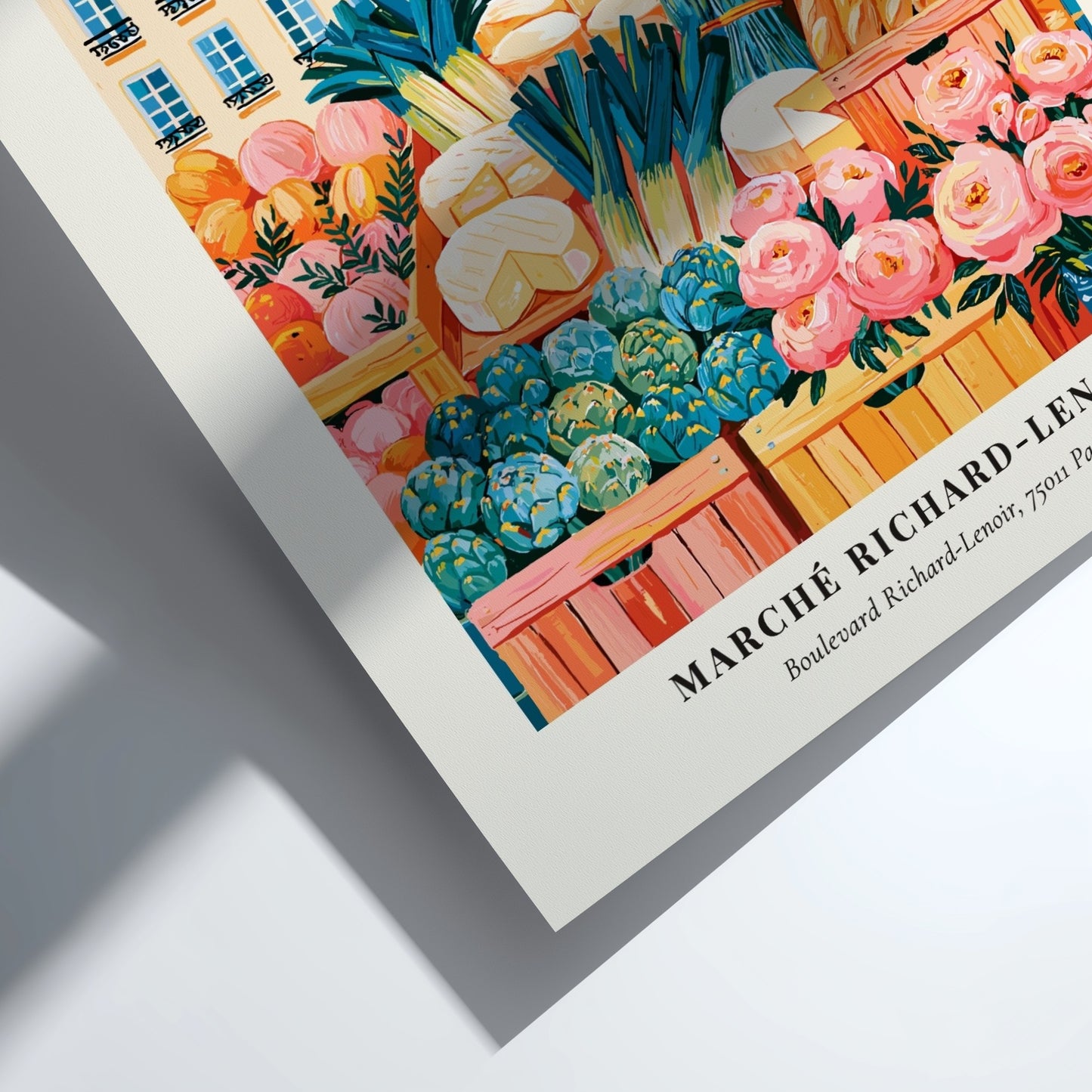 Farmers market poster featuring Marché Richard-Lenoir in Paris with colorful produce and flowers in a vibrant