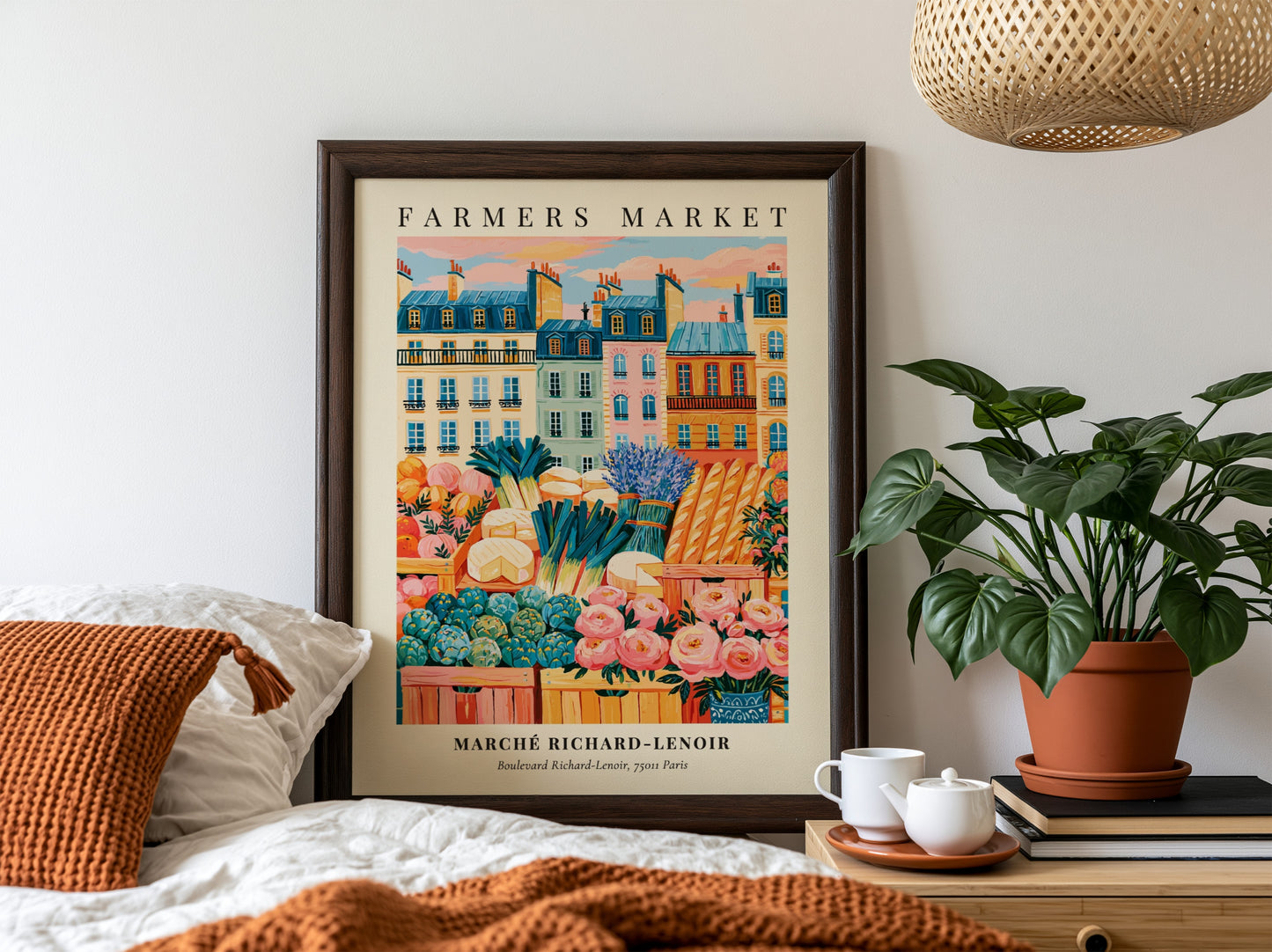 Farmers market poster featuring Marché Richard-Lenoir in Paris with colorful produce and flowers in a vibrant