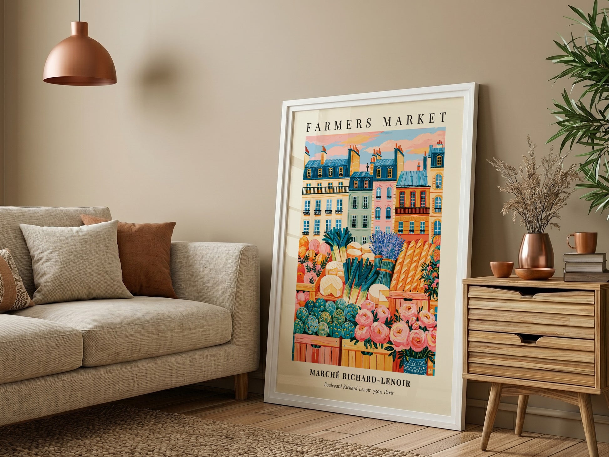 Farmers market poster featuring Marché Richard-Lenoir in Paris with colorful produce and flowers in a vibrant