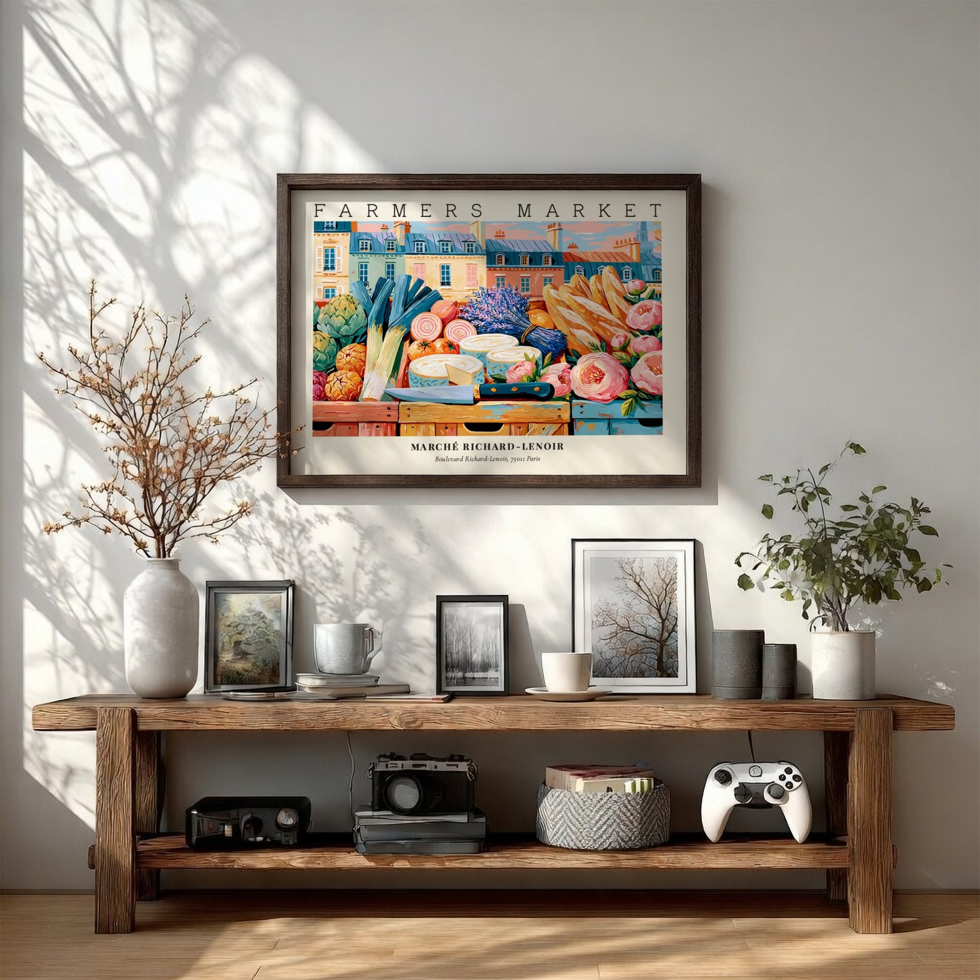 Farmers market poster featuring colorful produce and flowers in a Parisian market scene