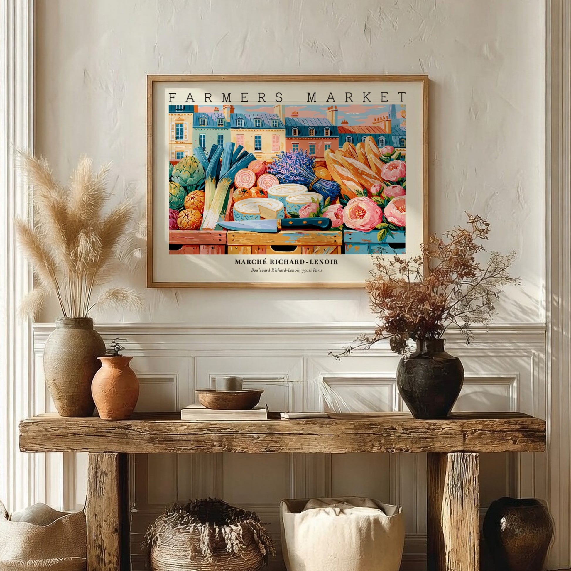 Farmers market poster featuring colorful produce and flowers in a Parisian market scene