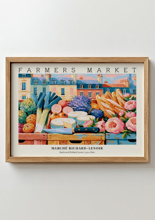 Farmers market poster featuring colorful produce and flowers in a Parisian market scene