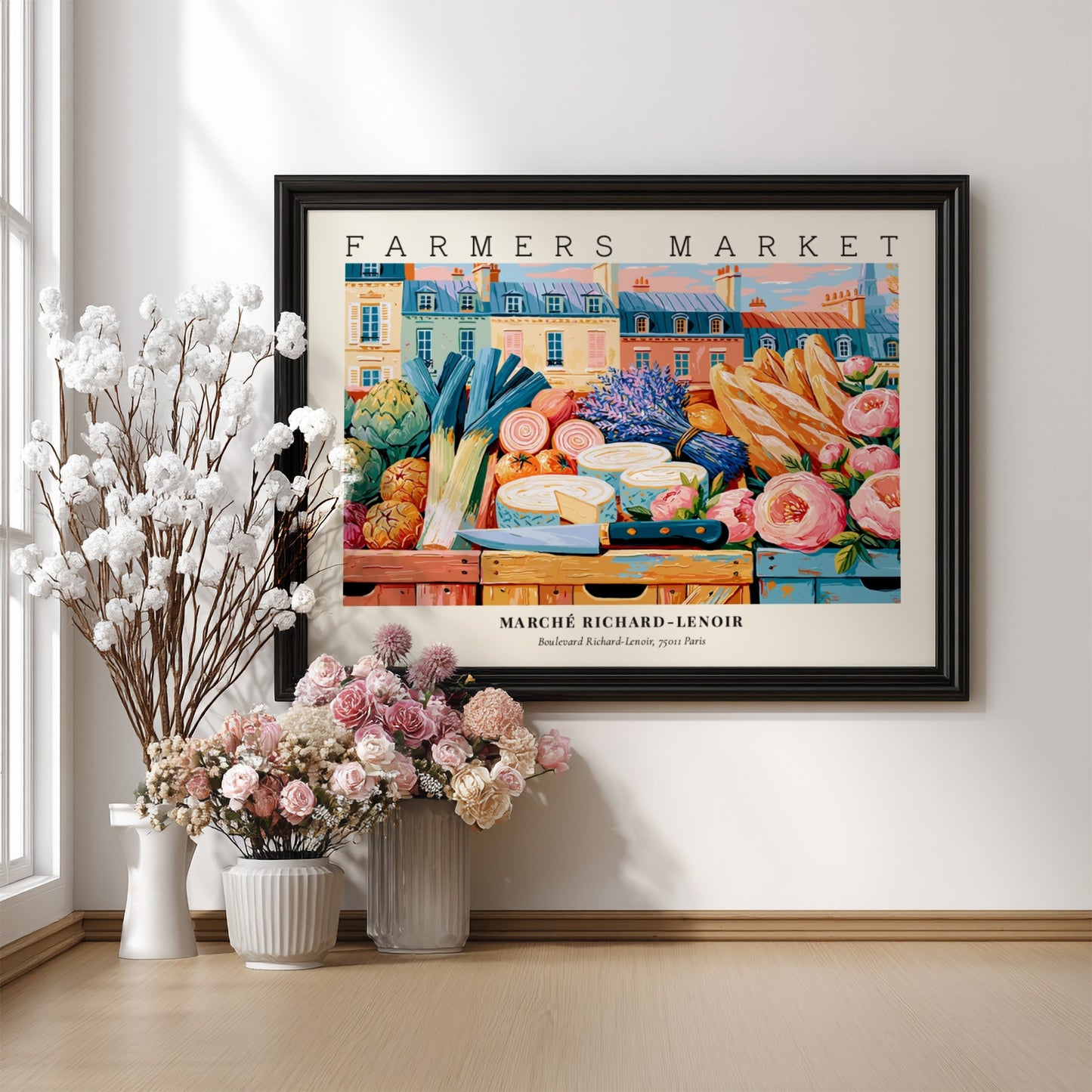 Farmers market poster featuring colorful produce and flowers in a Parisian market scene