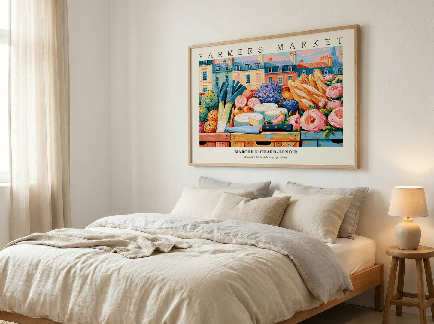 Farmers market poster featuring colorful produce and flowers in a Parisian market scene