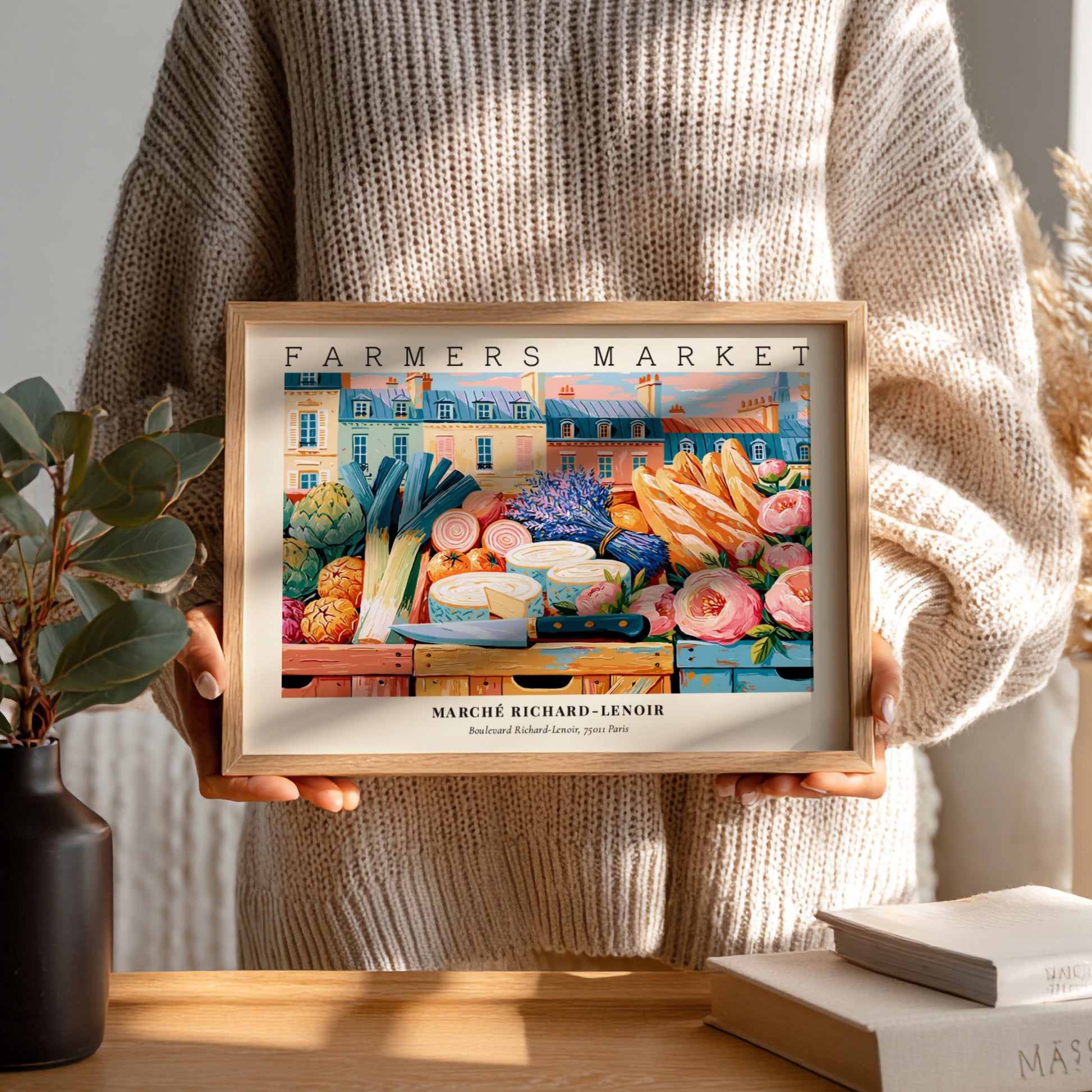 Farmers market poster featuring colorful produce and flowers in a Parisian market scene
