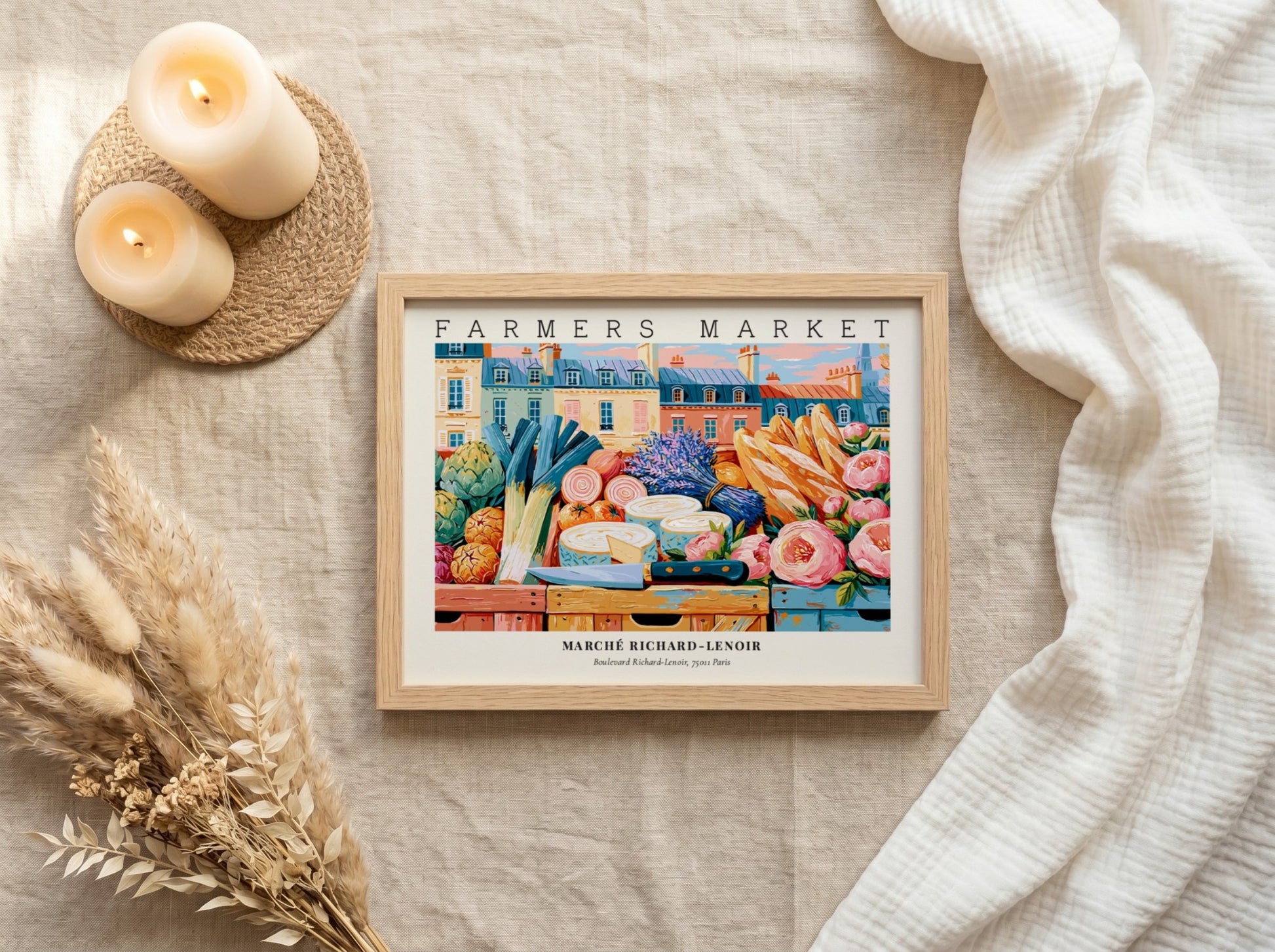 Farmers market poster featuring colorful produce and flowers in a Parisian market scene