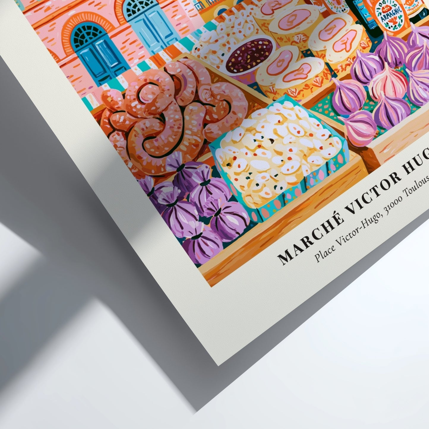 Farmers market poster featuring Marché Victor Hugo in Toulouse with colorful produce and pastries