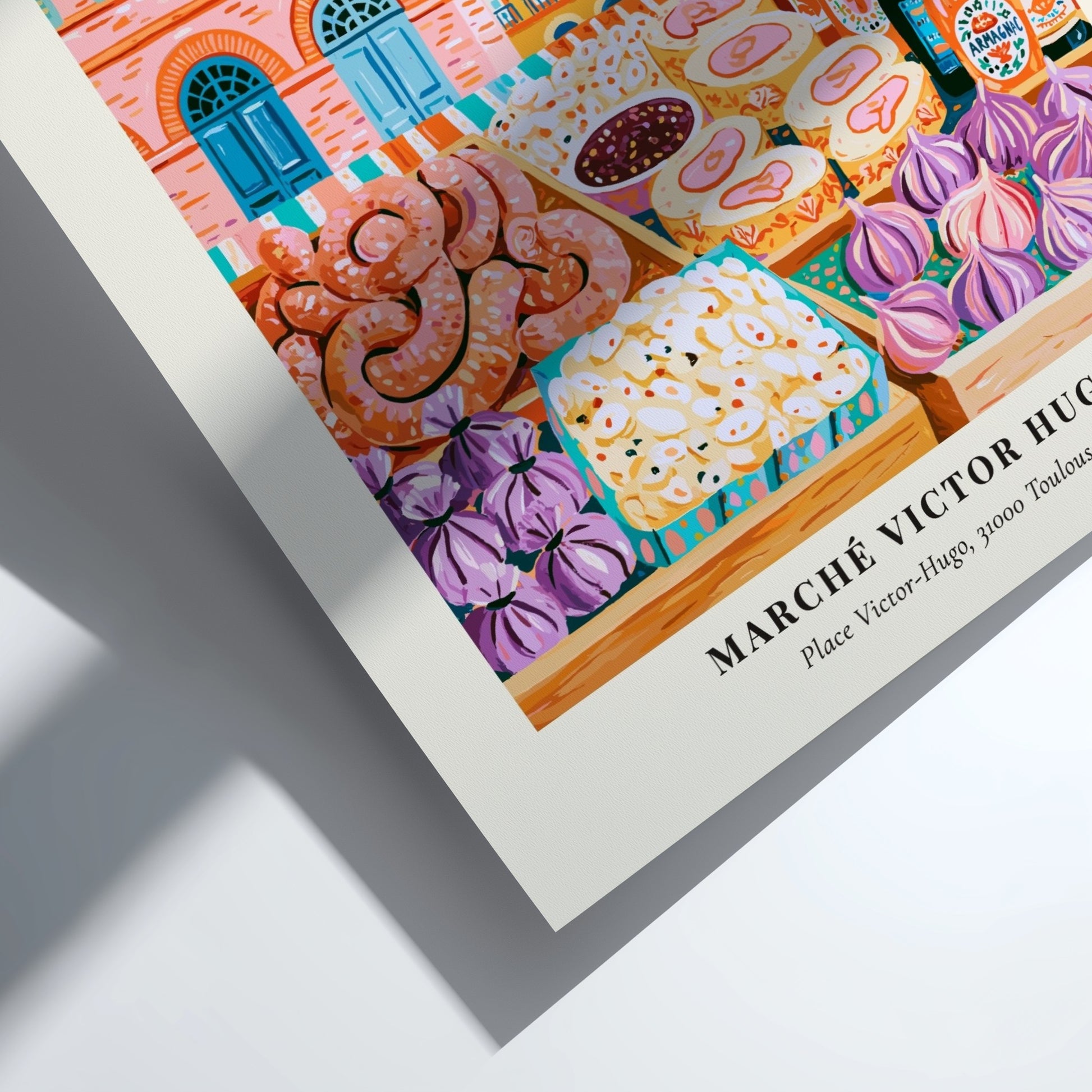 Farmers market poster featuring Marché Victor Hugo in Toulouse with colorful produce and pastries