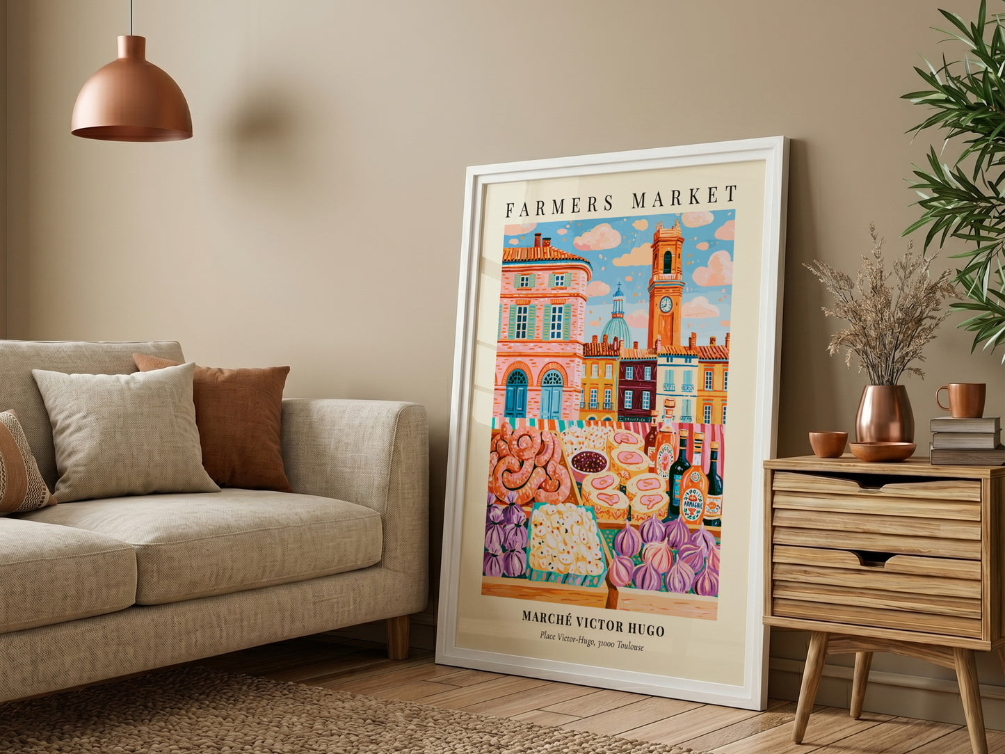 Farmers market poster featuring Marché Victor Hugo in Toulouse with colorful produce and pastries