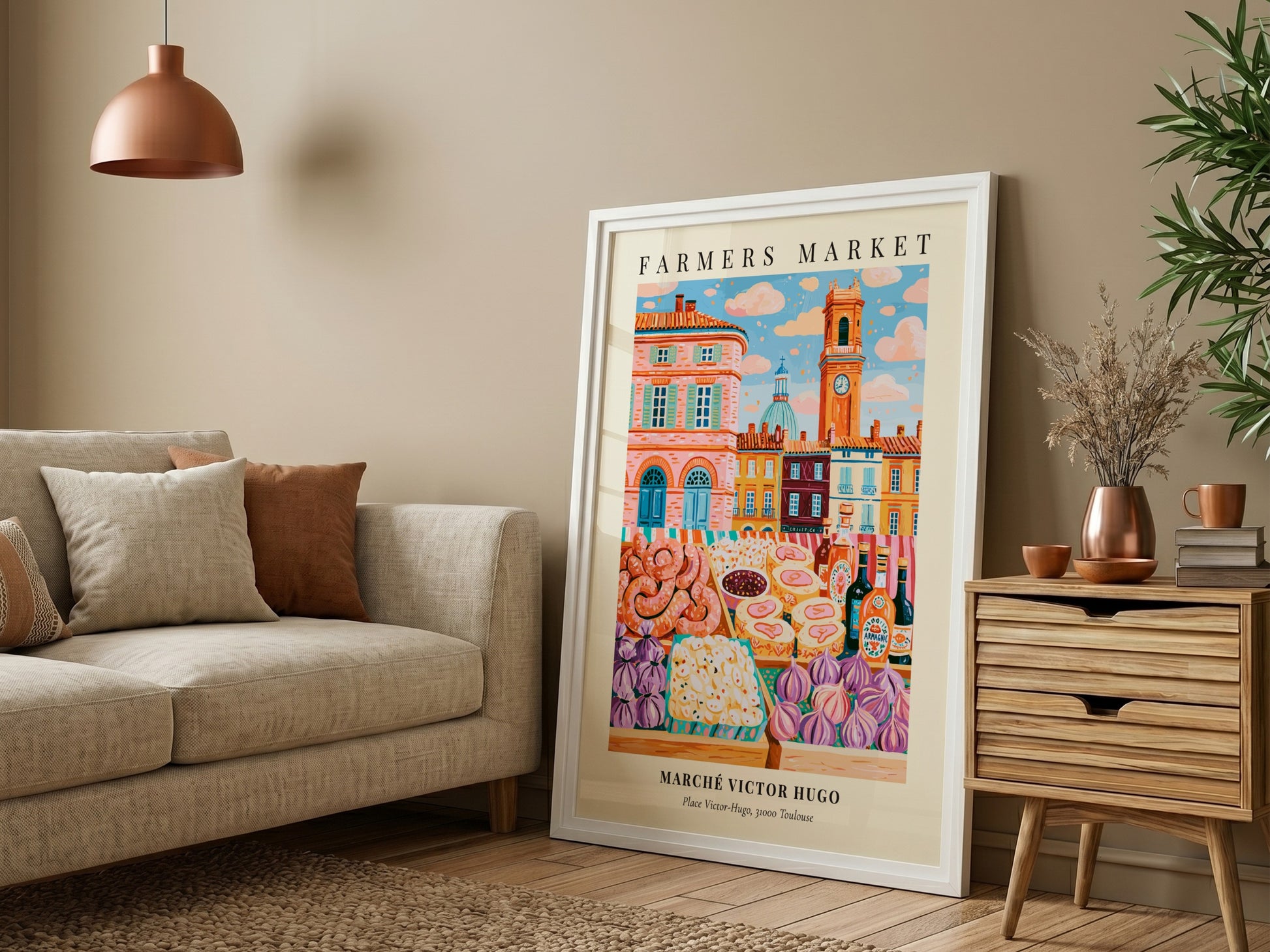 Farmers market poster featuring Marché Victor Hugo in Toulouse with colorful produce and pastries