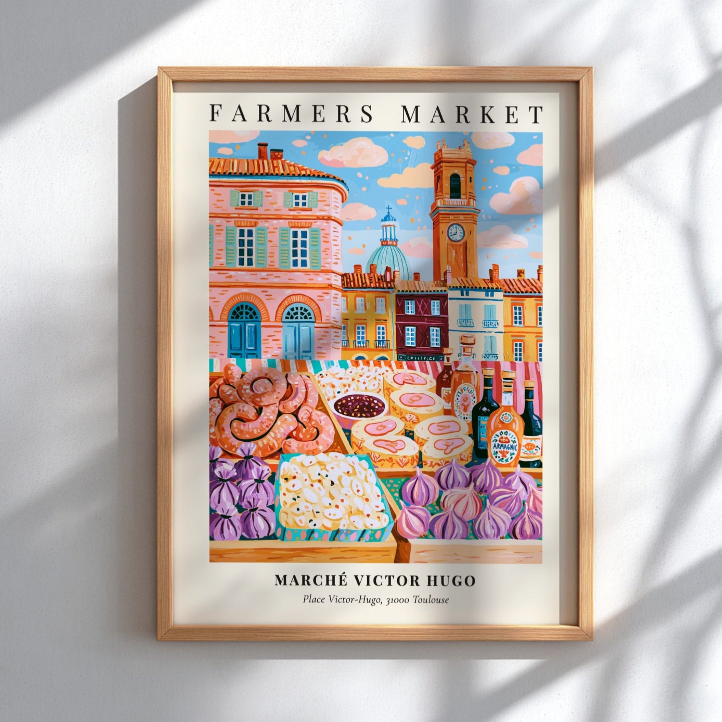 Farmers market poster featuring Marché Victor Hugo in Toulouse with colorful produce and pastries
