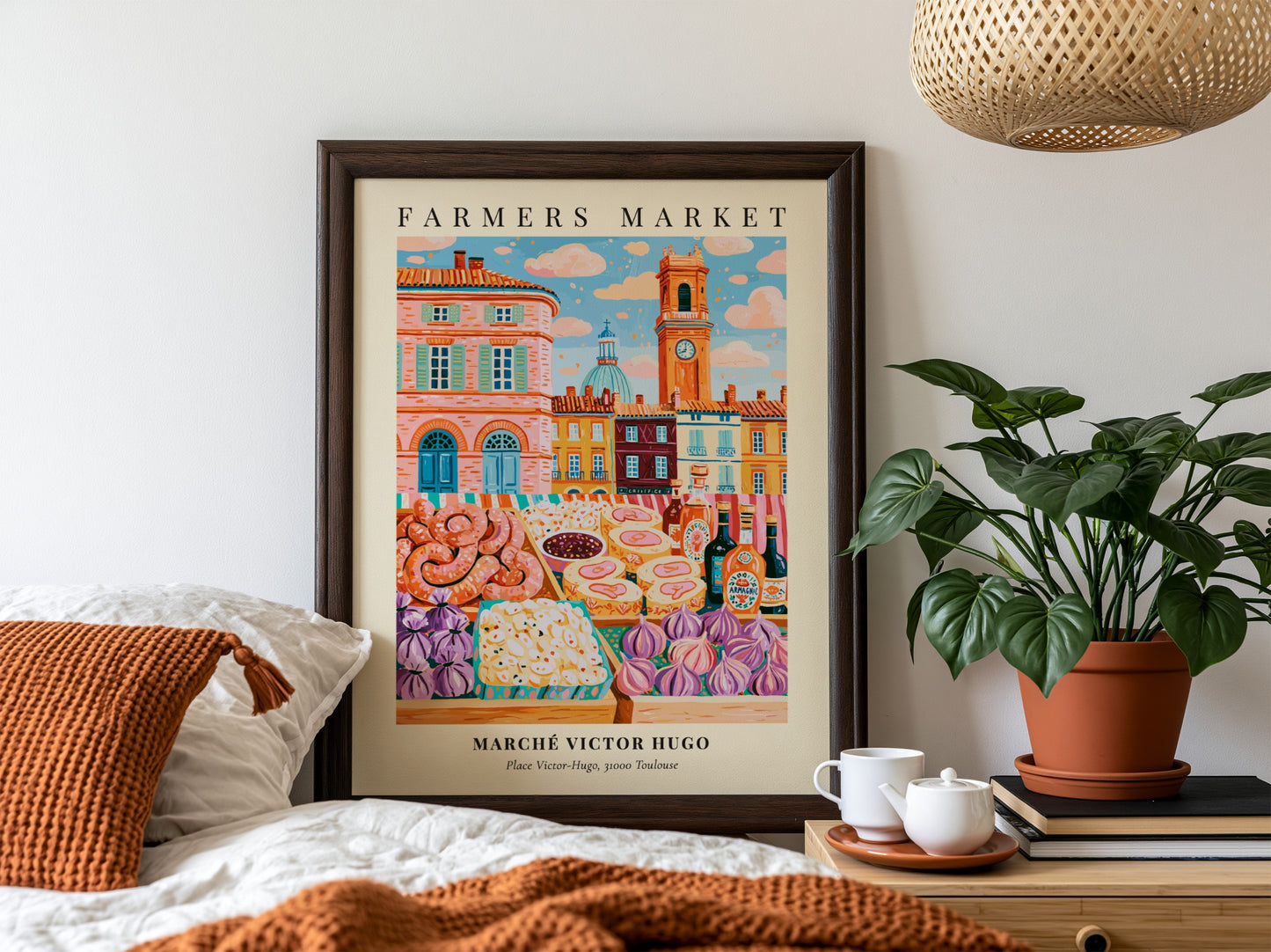 Farmers market poster featuring Marché Victor Hugo in Toulouse with colorful produce and pastries