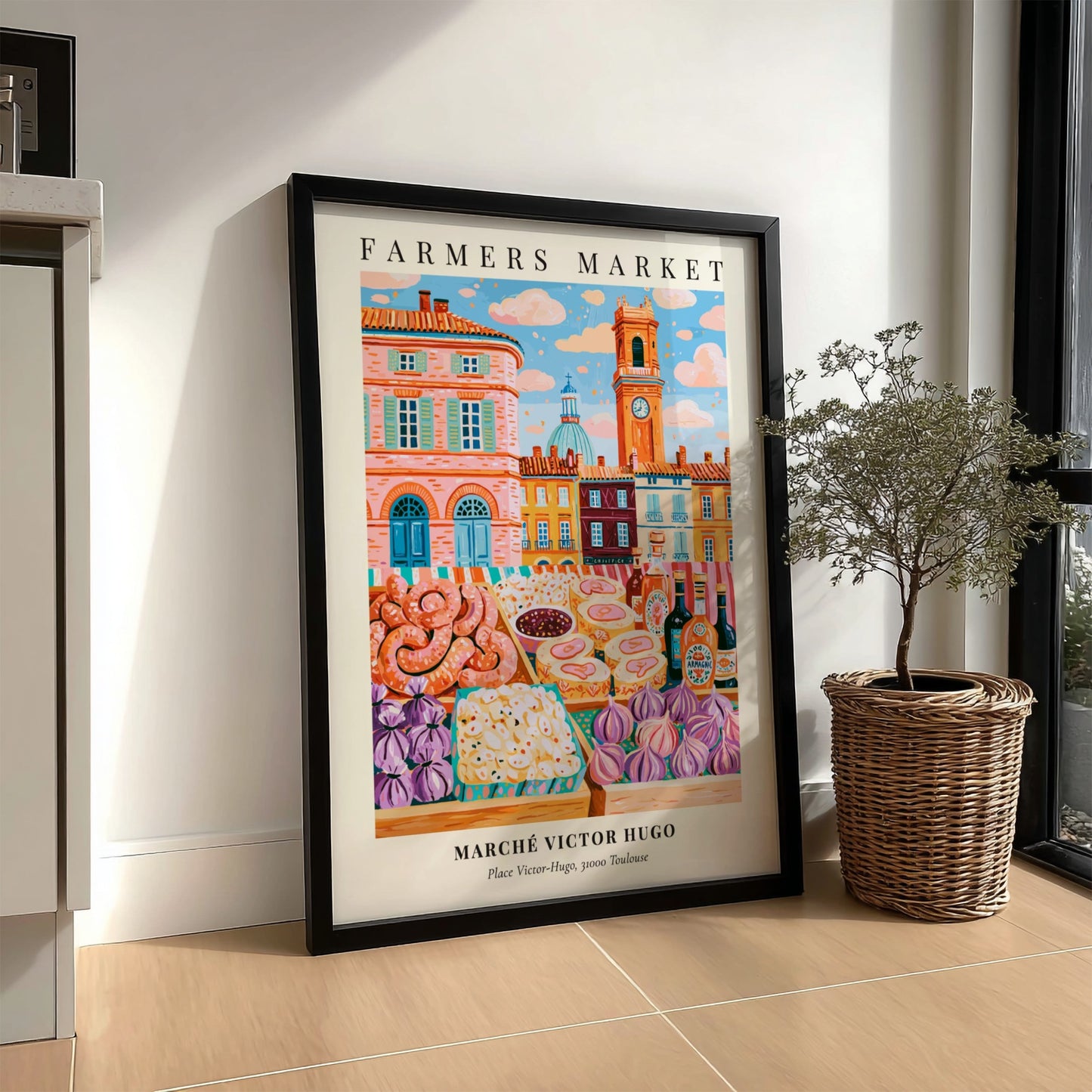 Farmers market poster featuring Marché Victor Hugo in Toulouse with colorful produce and pastries