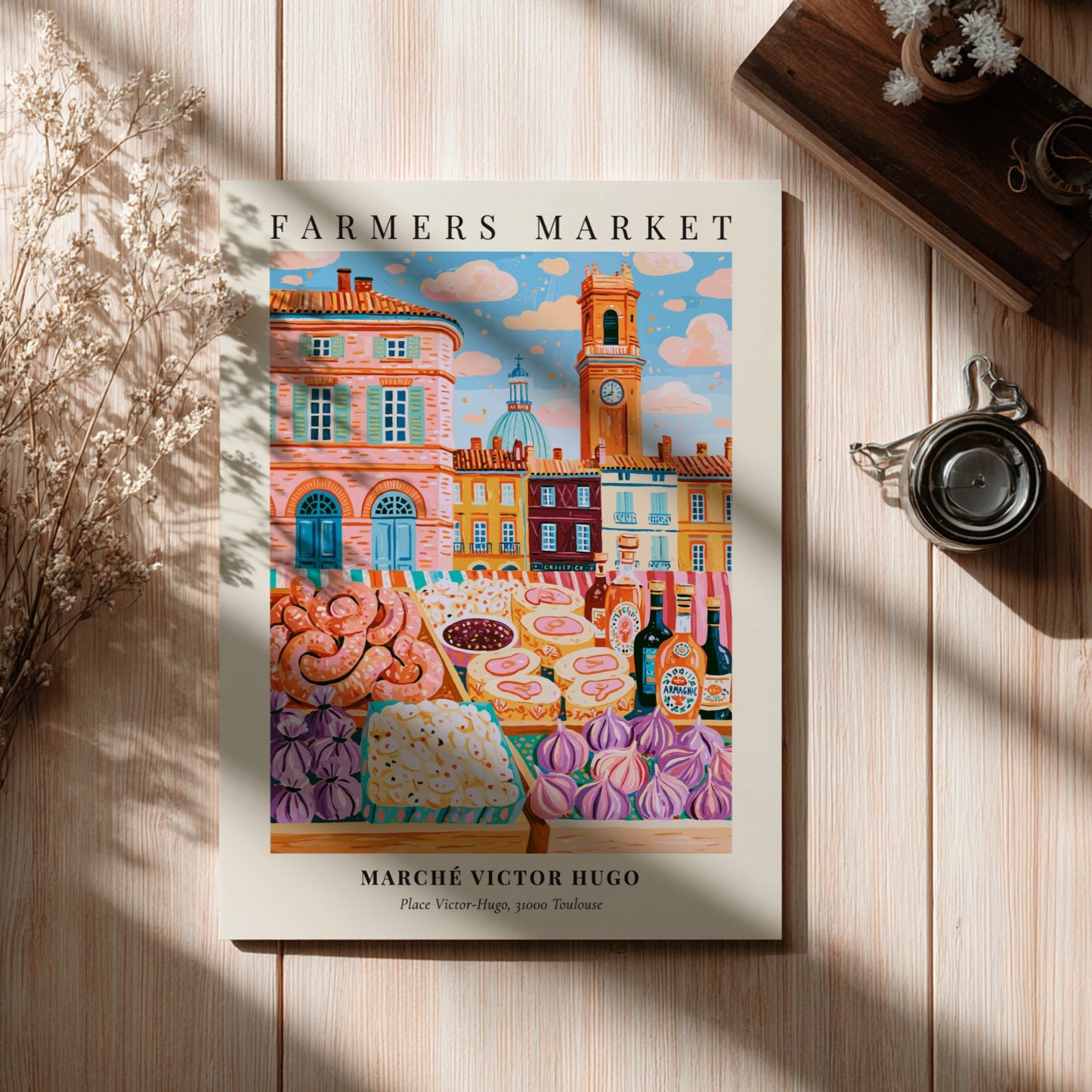 Farmers market poster featuring Marché Victor Hugo in Toulouse with colorful produce and pastries