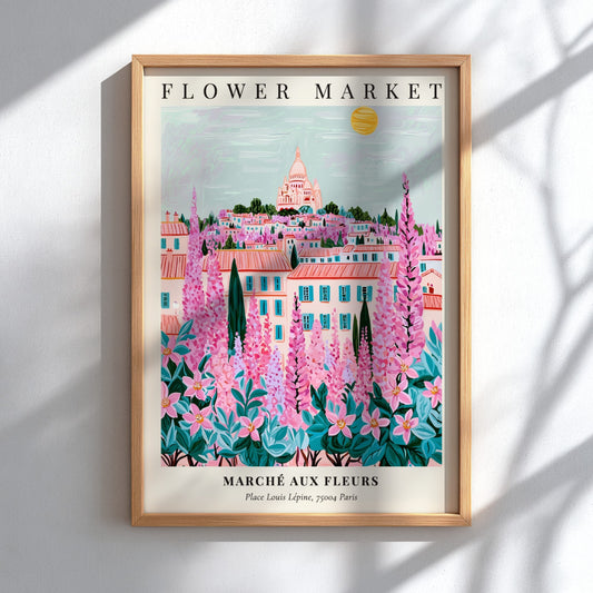 Flower market artwork featuring vibrant pinks and greens, depicting a Parisian landscape with a whimsical