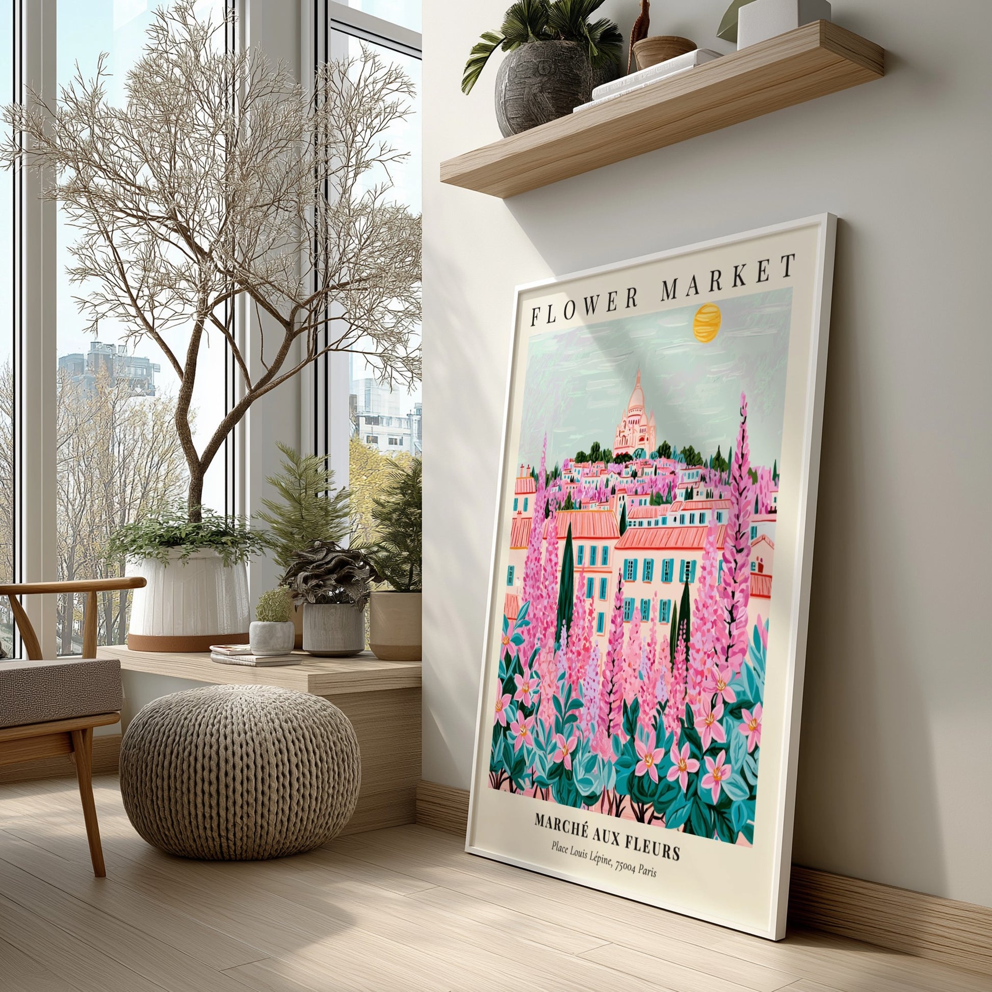 Flower market artwork featuring vibrant pinks and greens, depicting a Parisian landscape with a whimsical