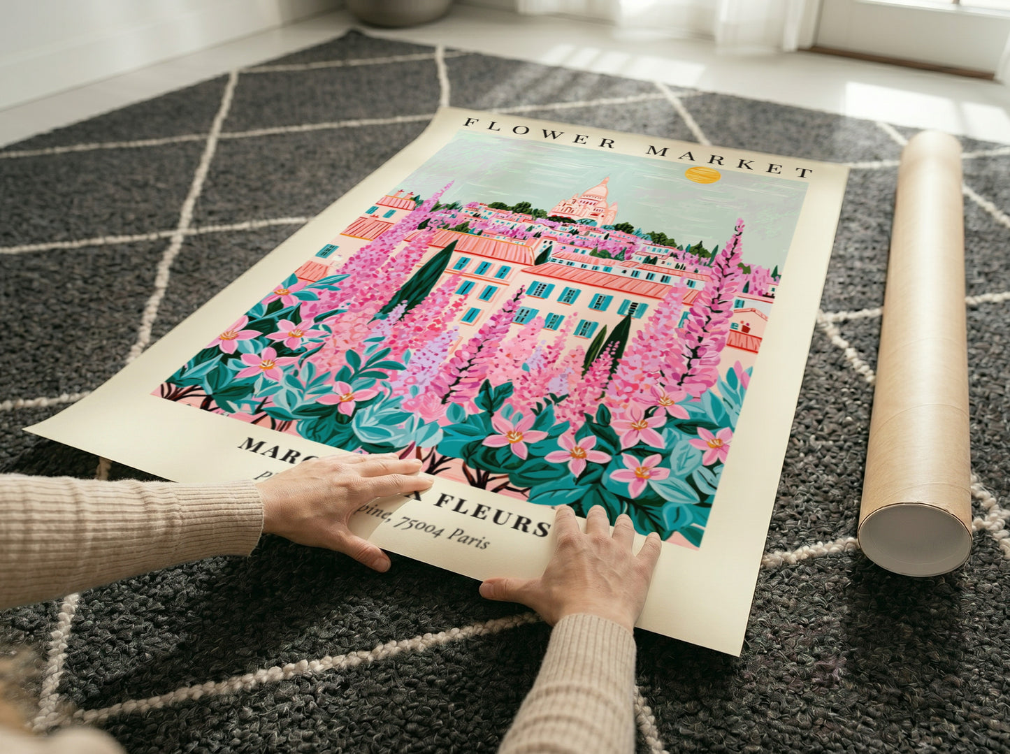 Flower market artwork featuring vibrant pinks and greens, depicting a Parisian landscape with a whimsical