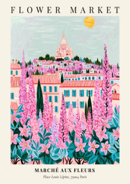 Flower market artwork featuring vibrant pinks and greens, depicting a Parisian landscape with a whimsical
