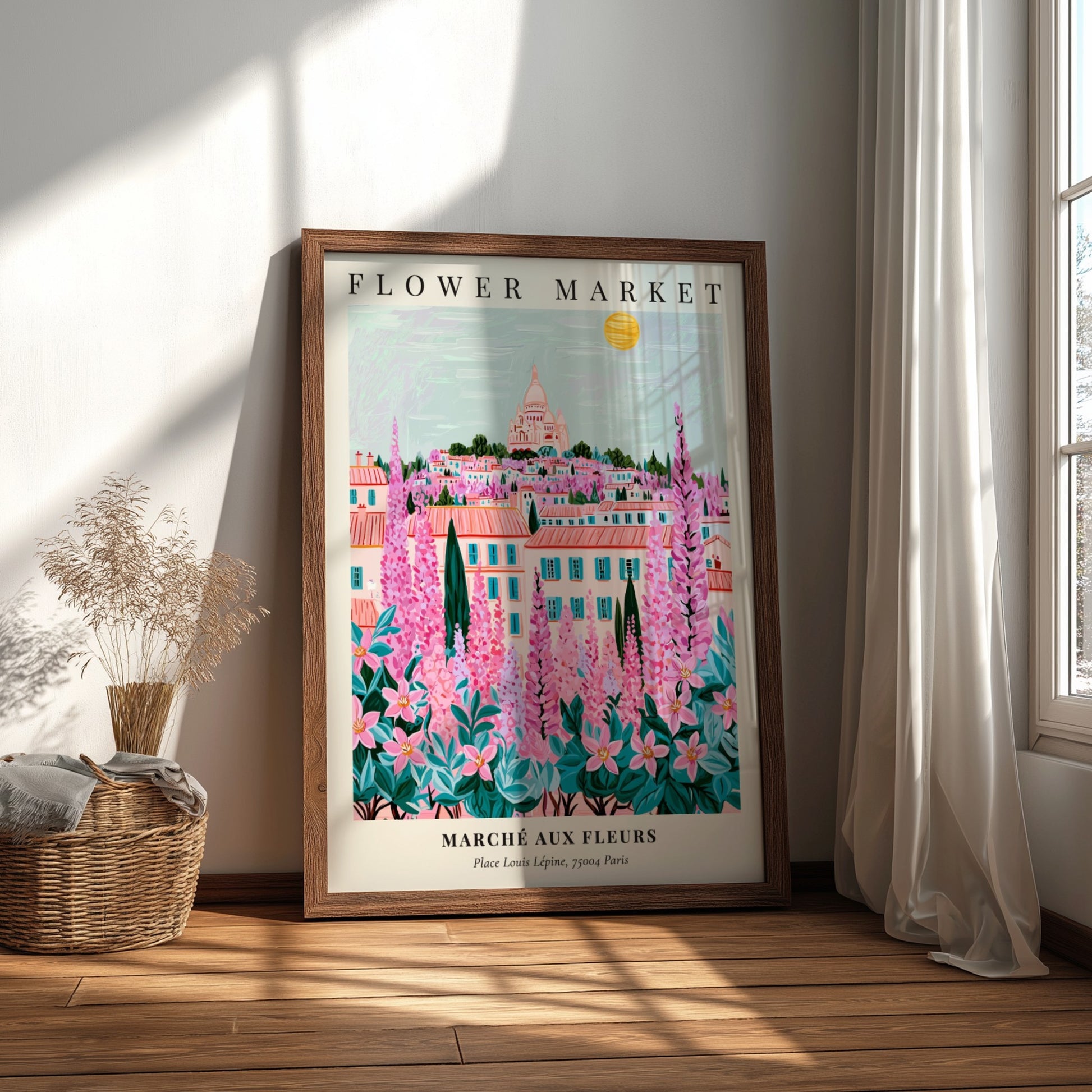 Flower market artwork featuring vibrant pinks and greens, depicting a Parisian landscape with a whimsical