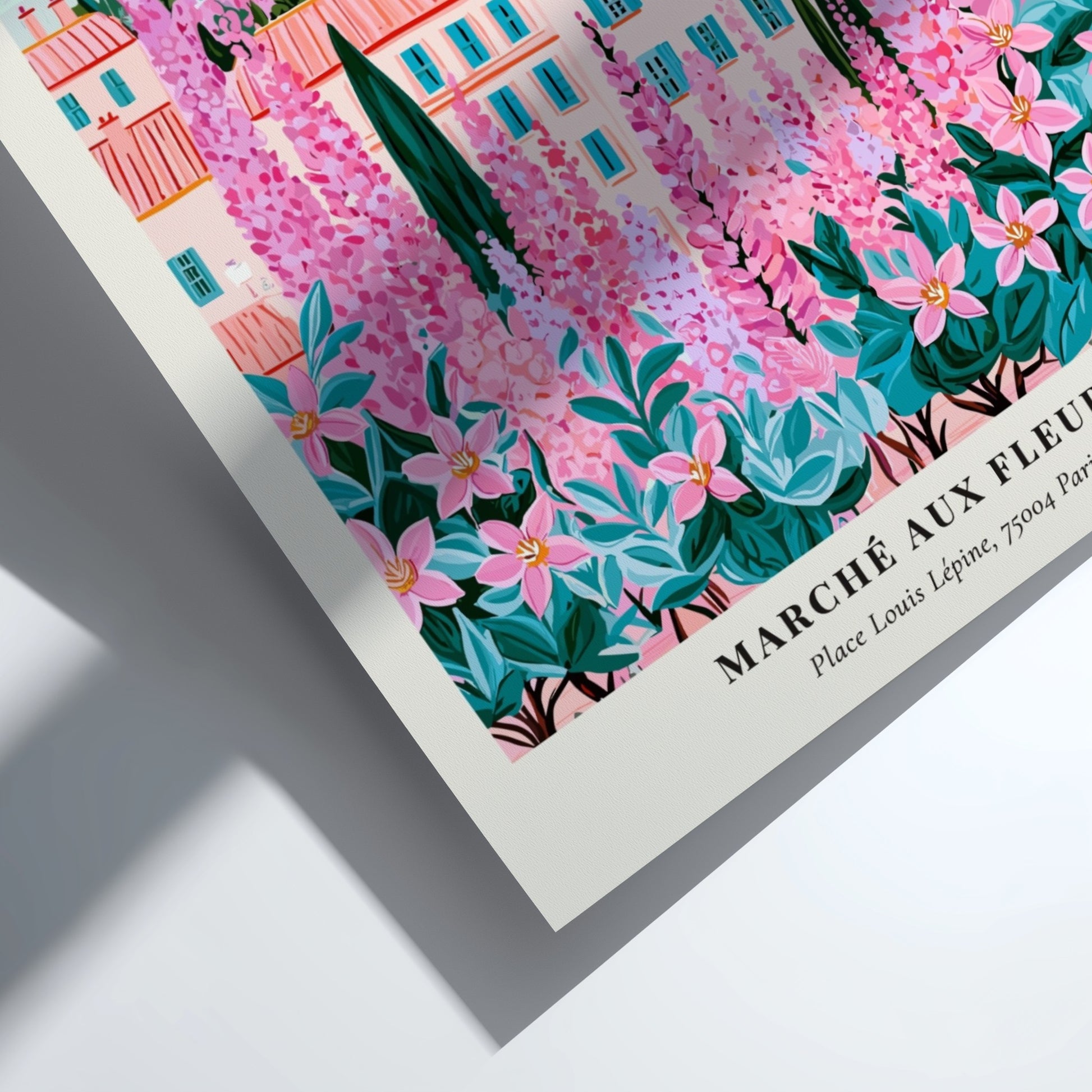 Flower market artwork featuring vibrant pinks and greens, depicting a Parisian landscape with a whimsical