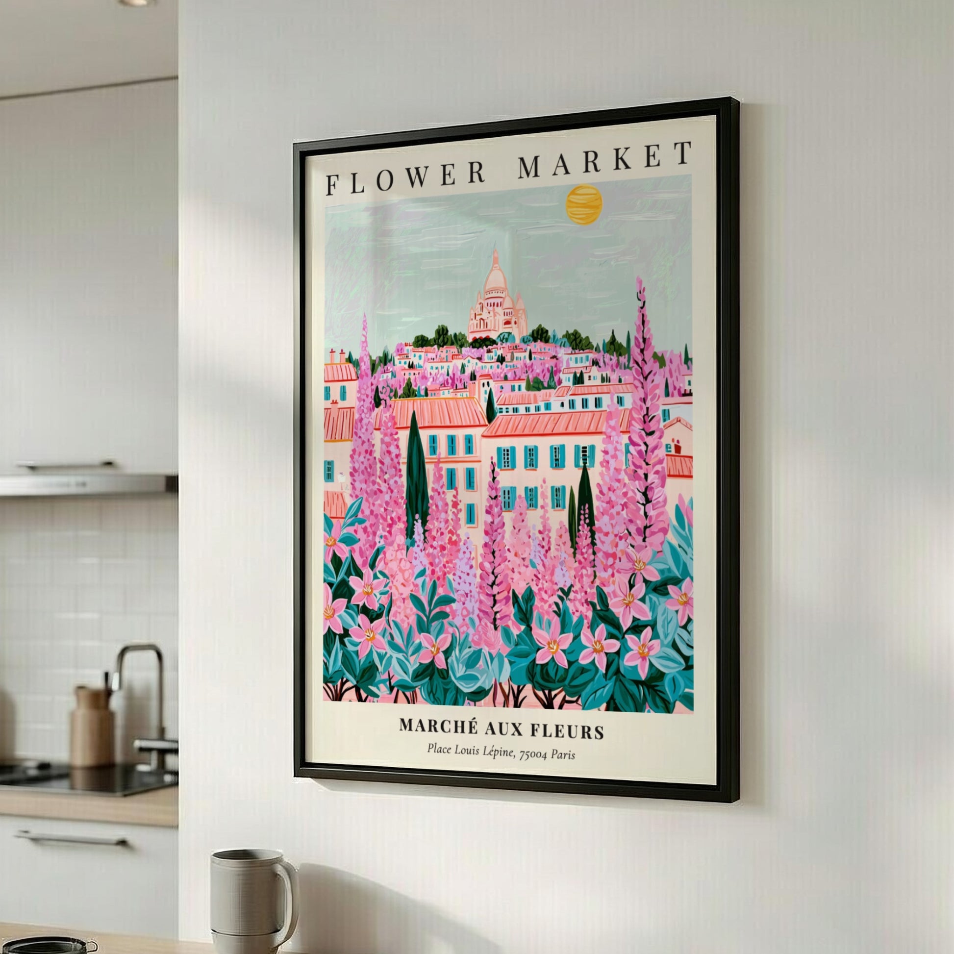 Flower market artwork featuring vibrant pinks and greens, depicting a Parisian landscape with a whimsical