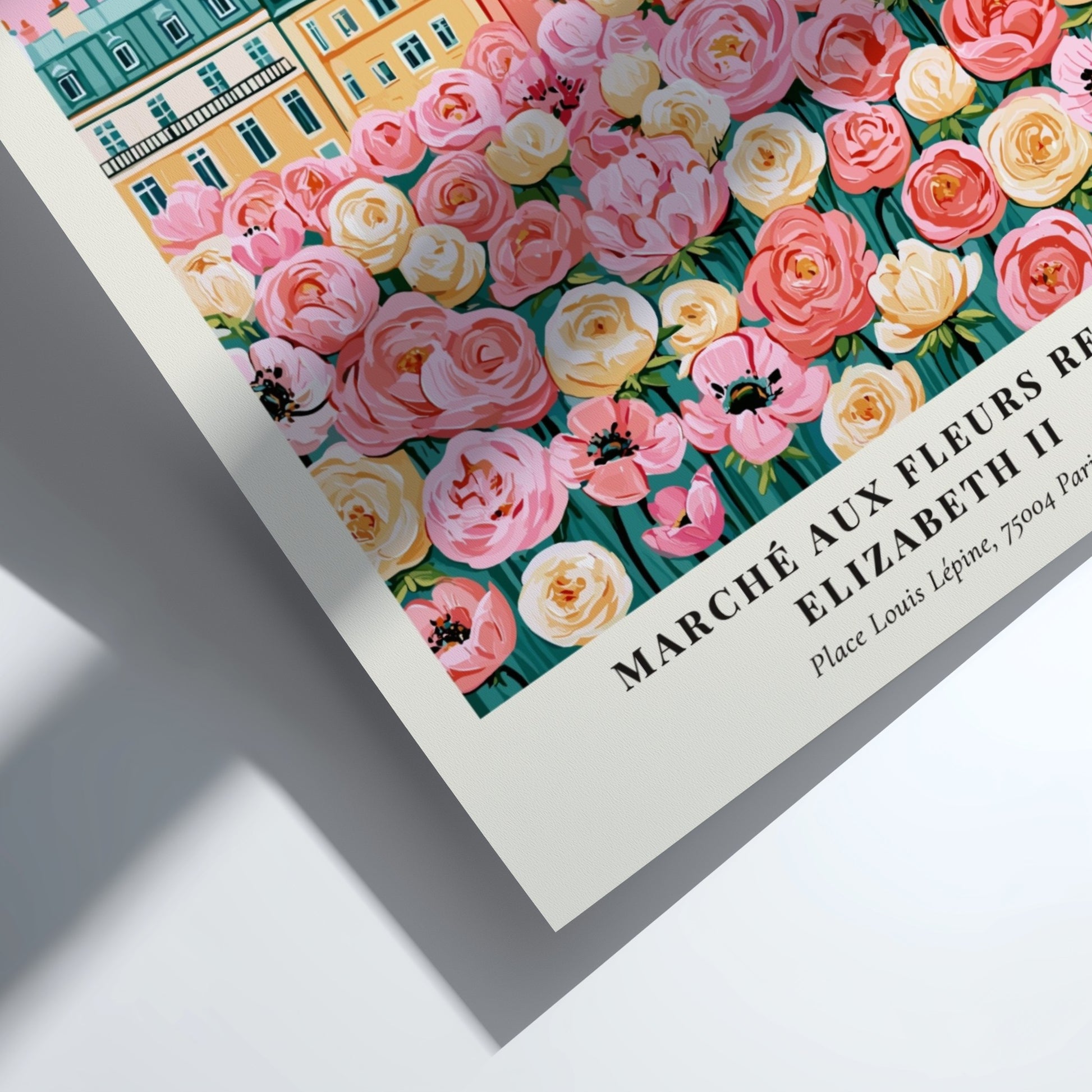 Flower market print featuring pink blooms and Parisian architecture in a vibrant, whimsical style.