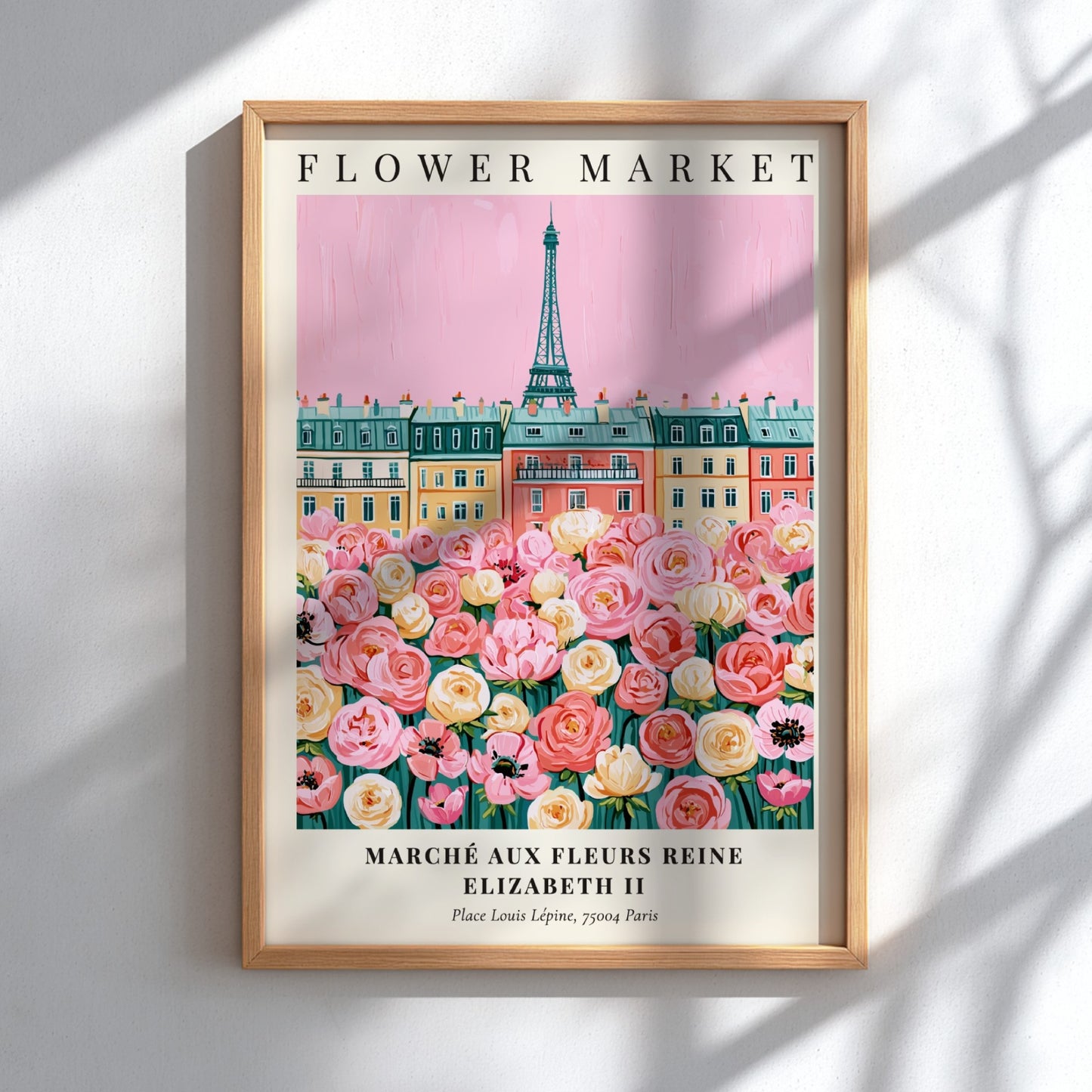 Flower market print featuring pink blooms and Parisian architecture in a vibrant, whimsical style.