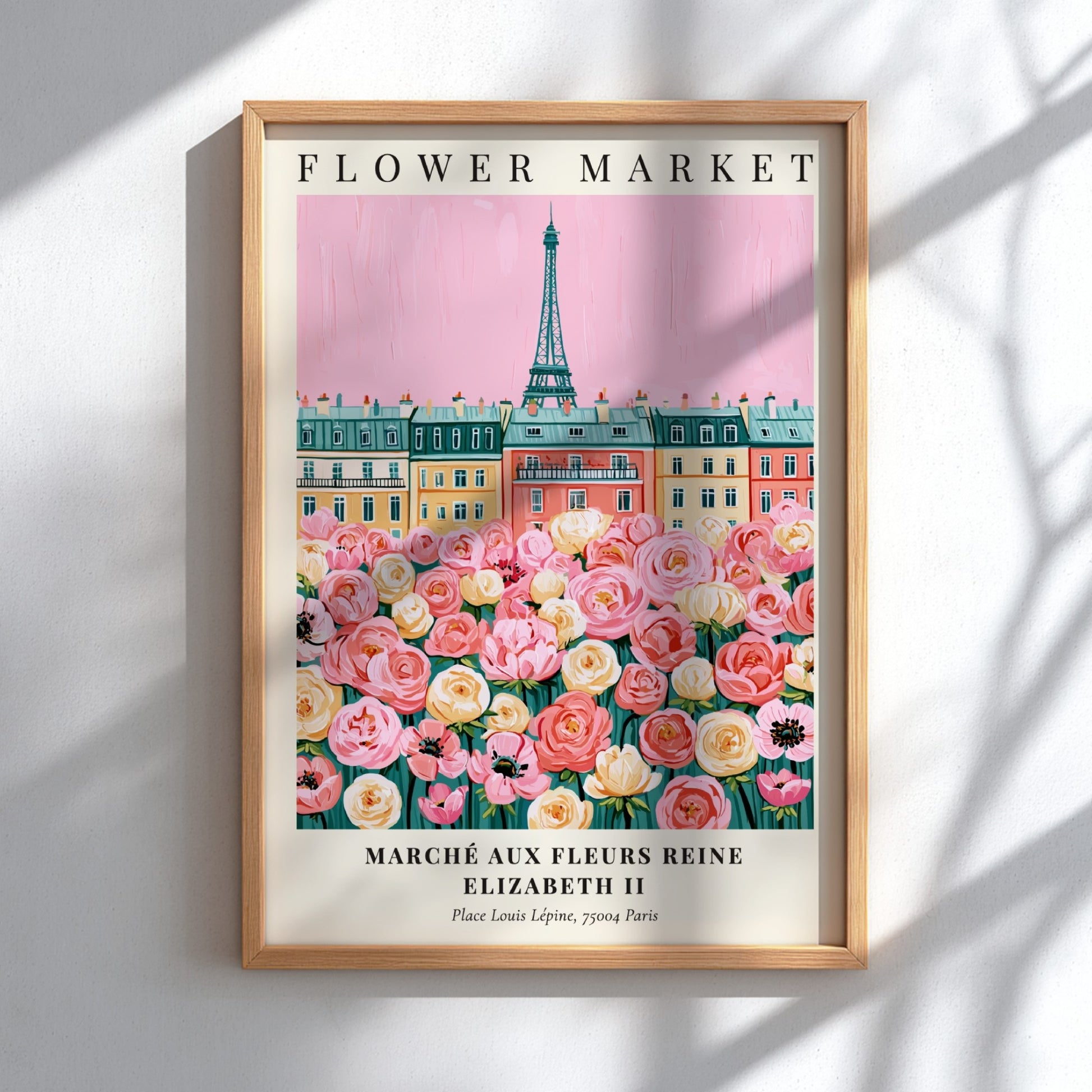 Flower market print featuring pink blooms and Parisian architecture in a vibrant, whimsical style.
