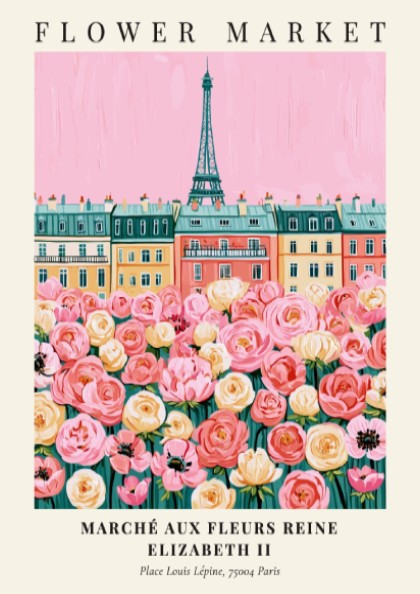 Flower market print featuring pink blooms and Parisian architecture in a vibrant, whimsical style.