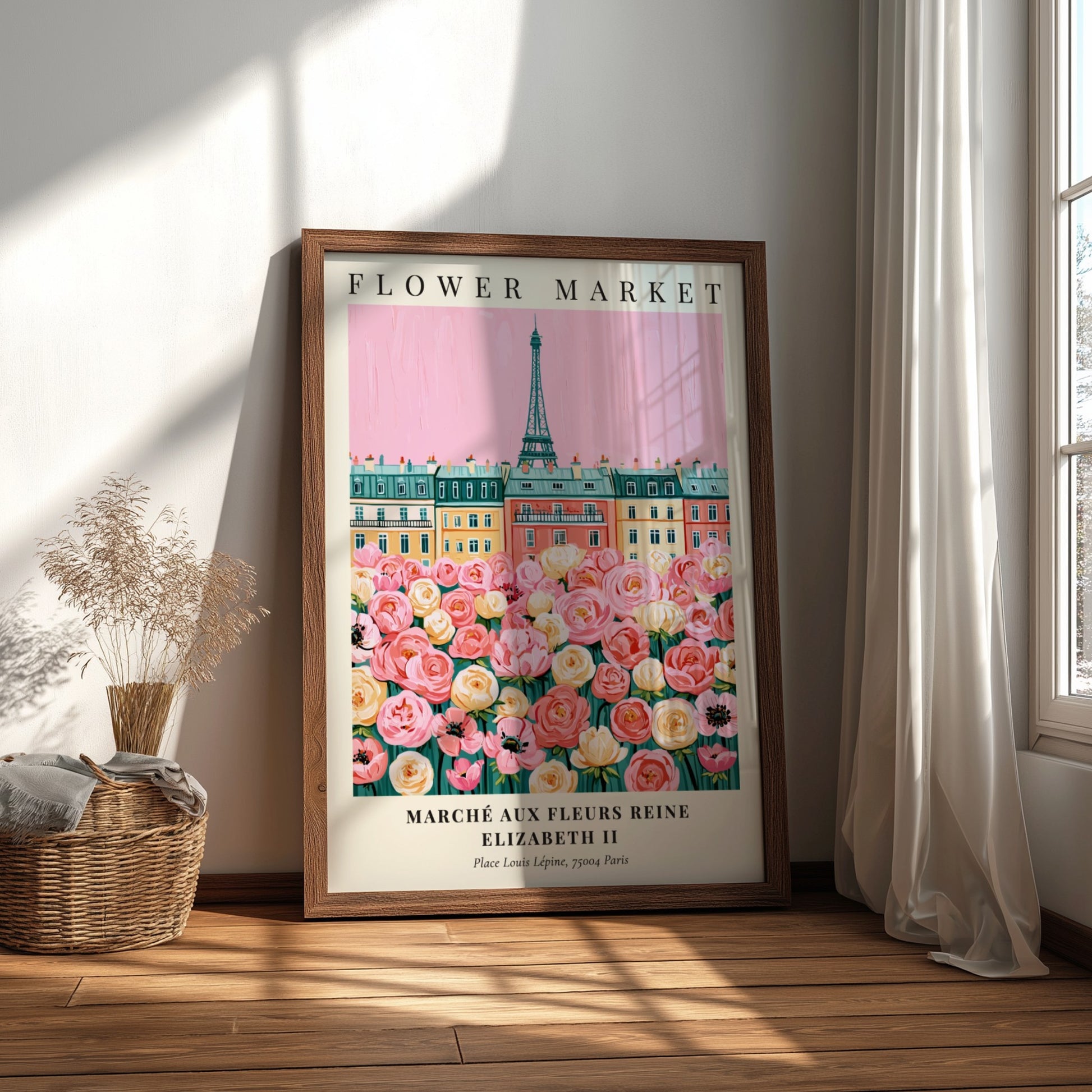 Flower market print featuring pink blooms and Parisian architecture in a vibrant, whimsical style.